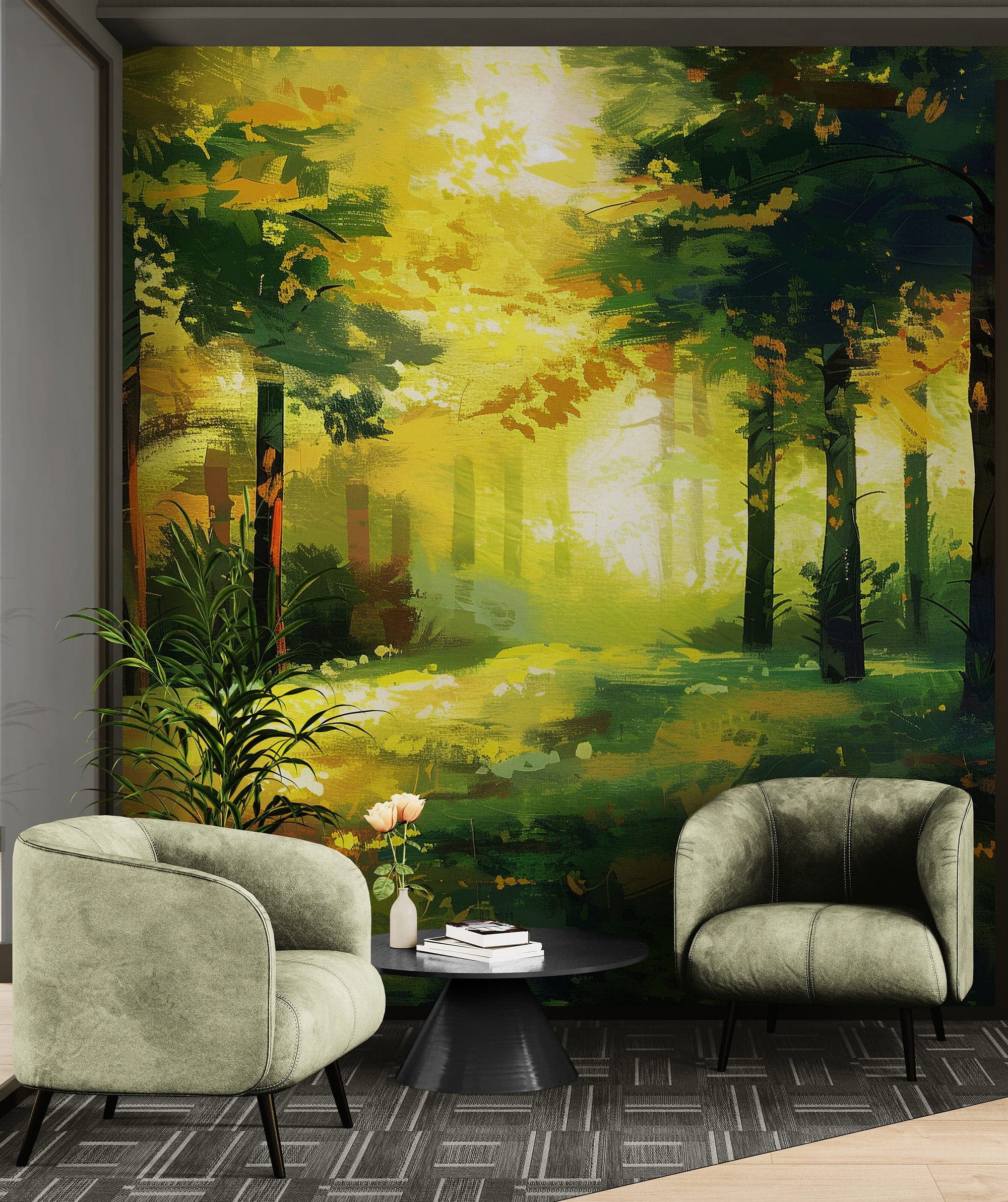 Green Forest Painting Wallpaper Mural. #7018