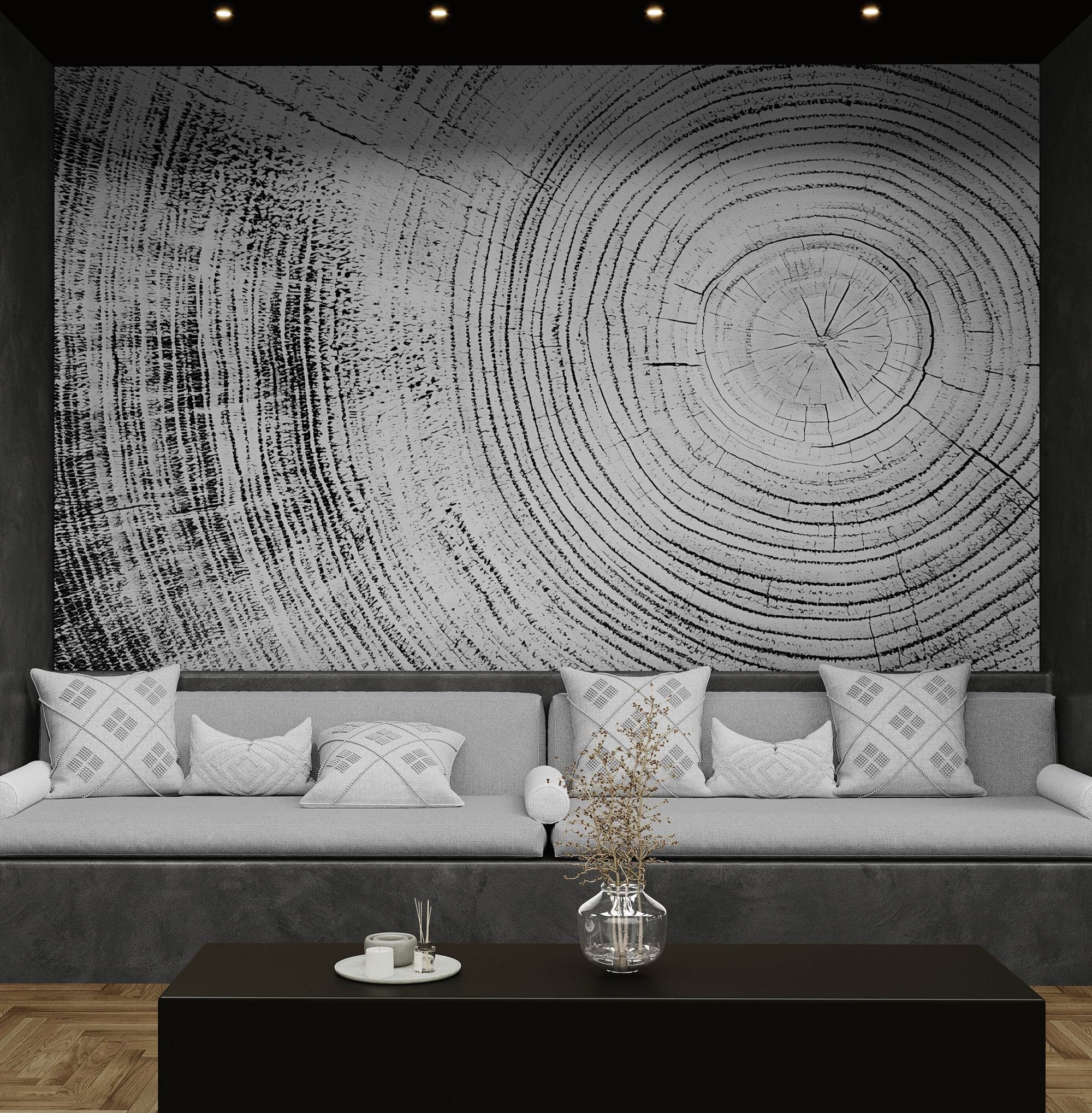 Tree Rings Wallpaper Mural. Black and White Modern Wood Grain Circle Pattern. #7022