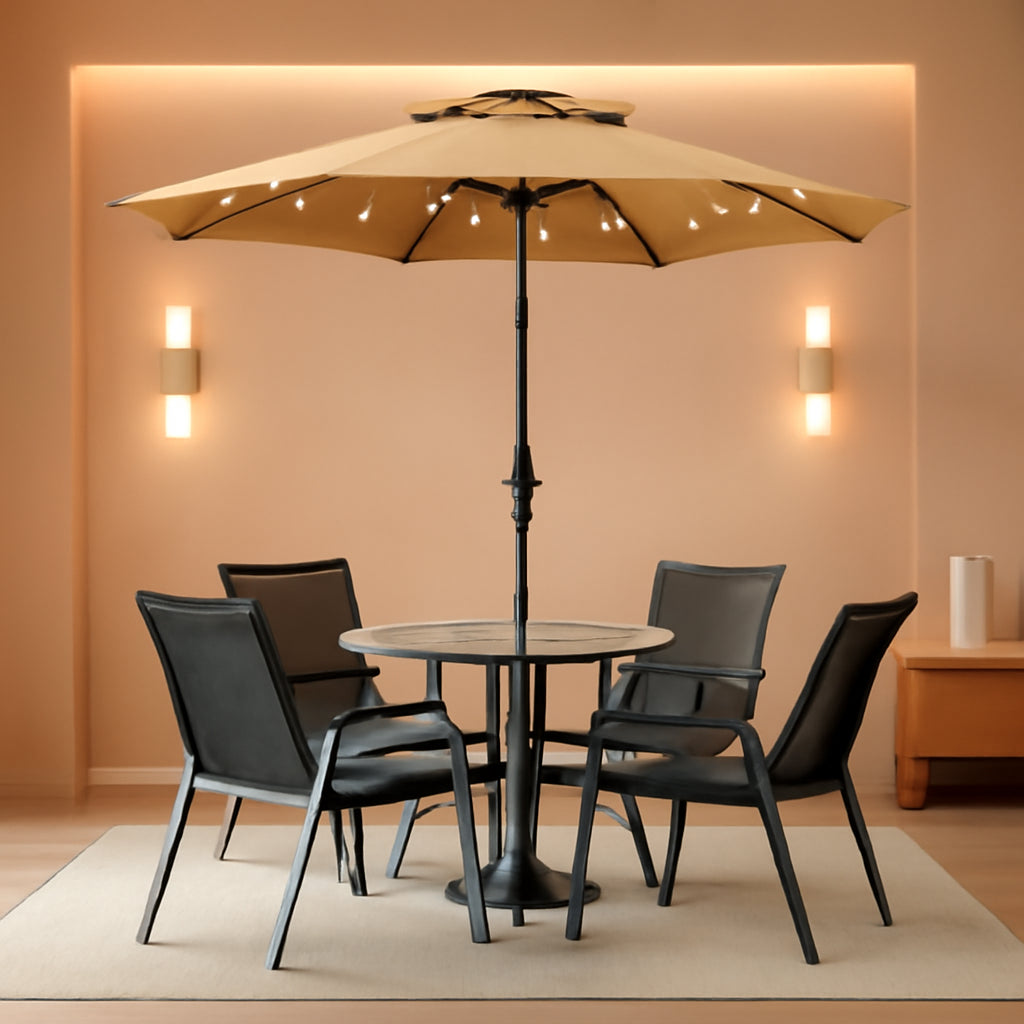 9 Ft Solar LED Lighted Patio Umbrella With Tilt And Crank Lift Light Tan