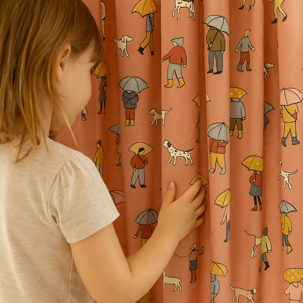 Rainy Day Cotton Kids Curtains – Coral Umbrella & Dog Walker Print, Light-Filtering or 100 % Blackout-0