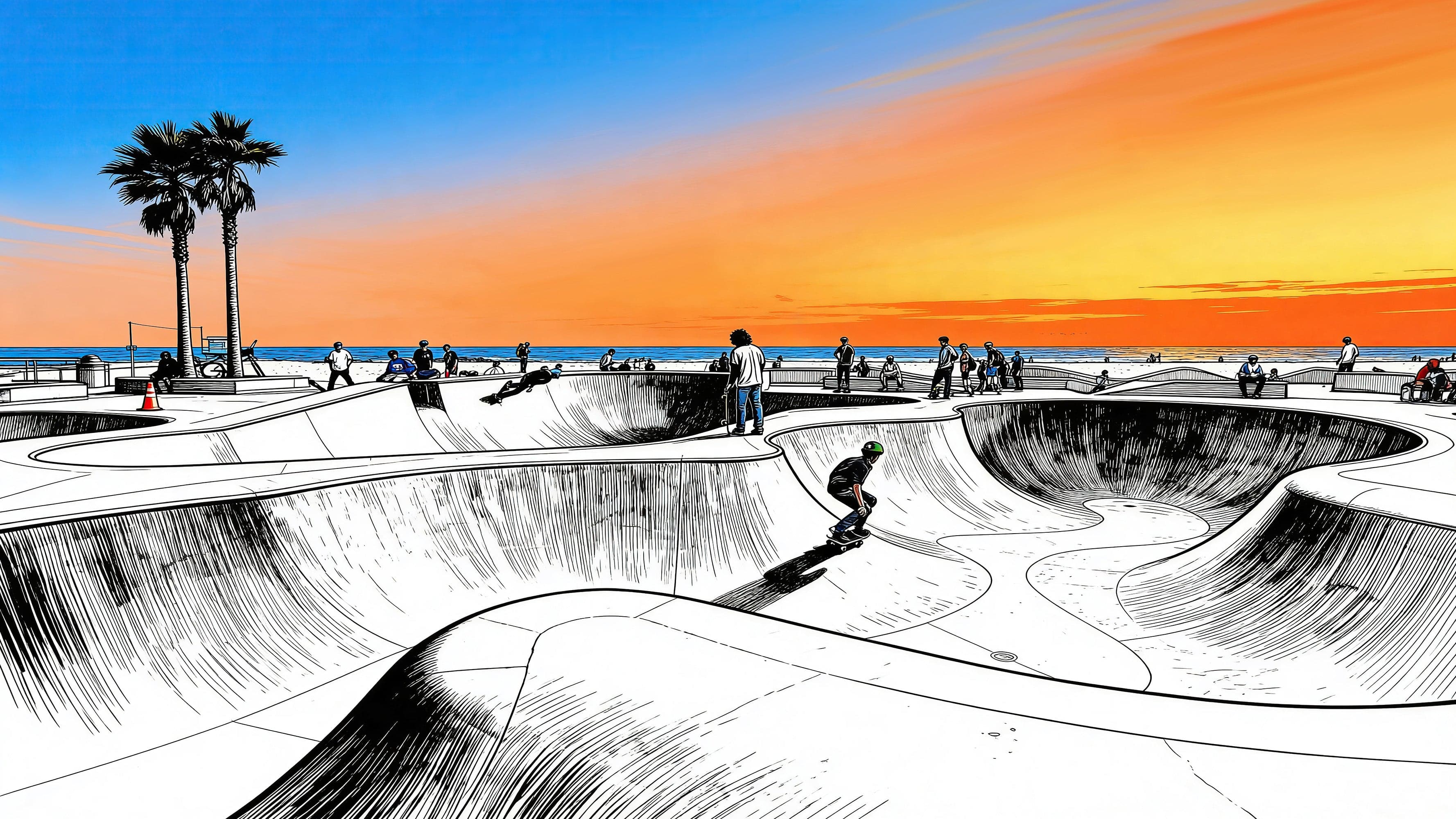 Vibrant Illustration of Skate Park Sunset Wall Mural. #7067