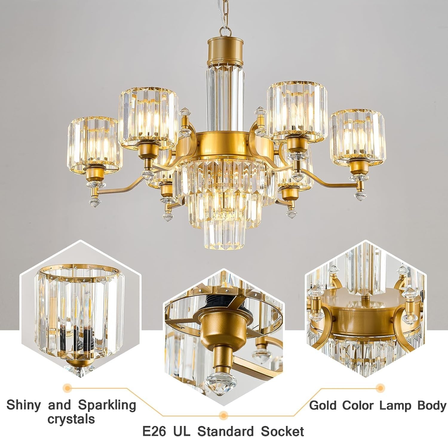 Seven Light Crystal Chandelier Gold Finish Ceiling Fixture-2