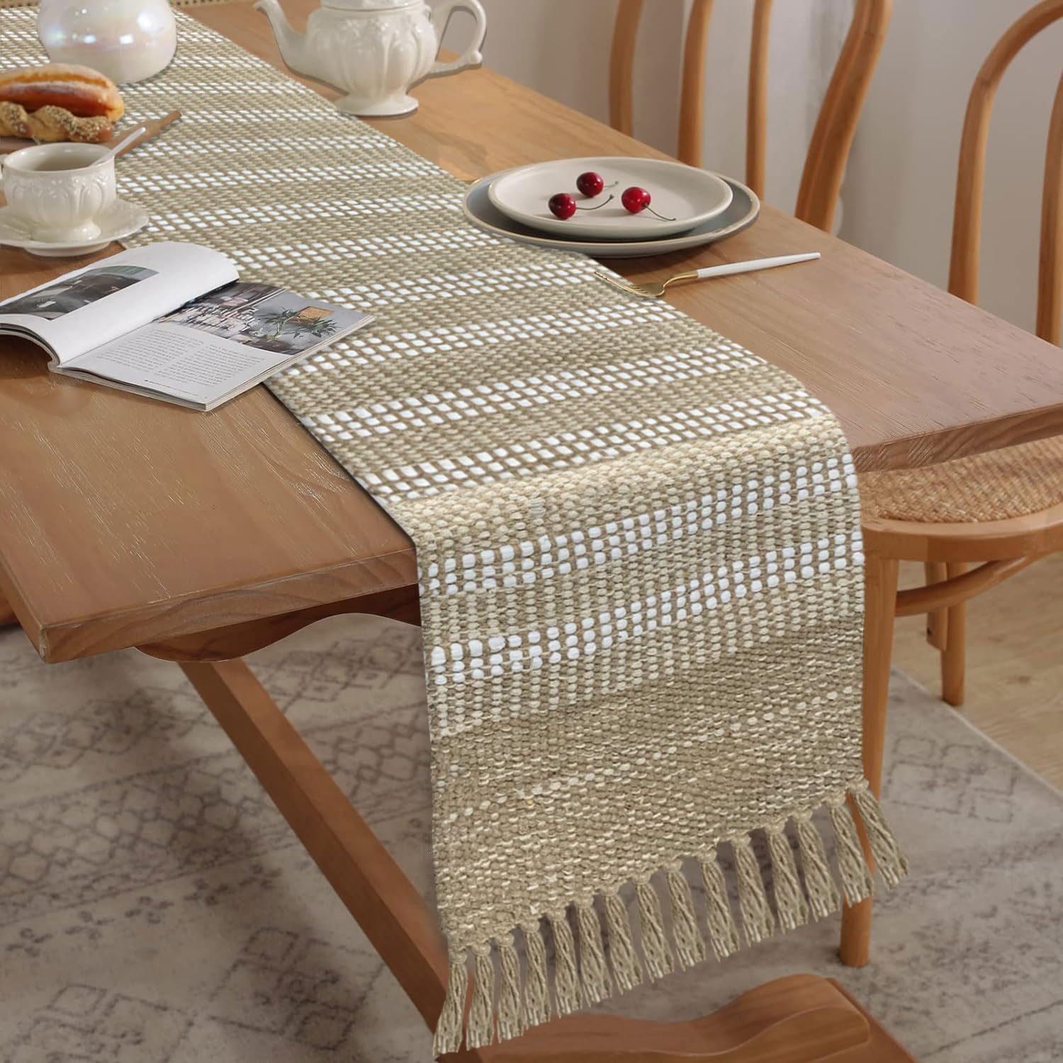 Boho Textured Weave Table Runner | Natural Beige Cotton Runner with Tassels | 13x74" (33x188cm)-0