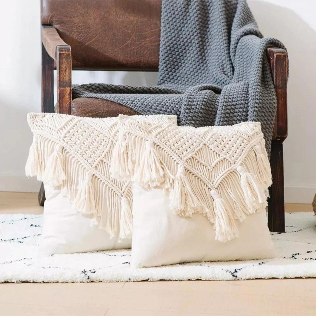 Handmade Macrame Cushion Covers | 40x40cm | Organic Cotton | Boho Style | Off White | Textured-1