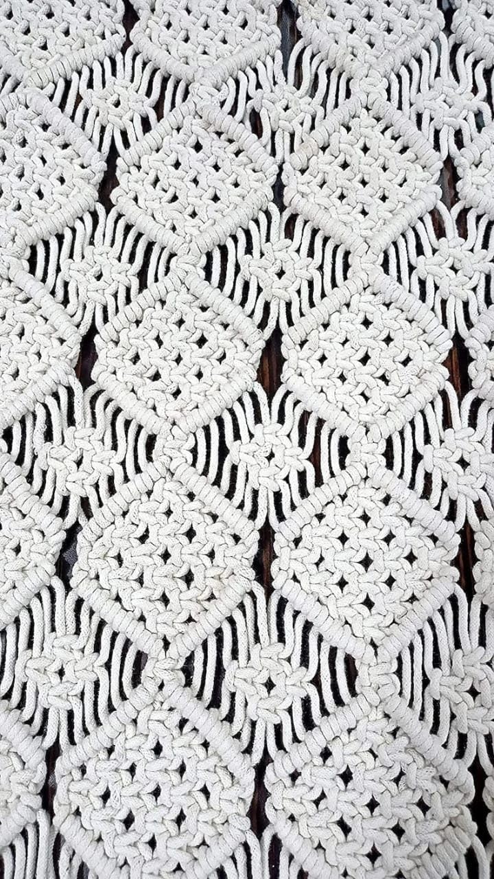 Handmade Cotton Macrame Table Runner | Natural Beige Diamond Pattern Boho Runner | 14x72" (36x183cm)-3