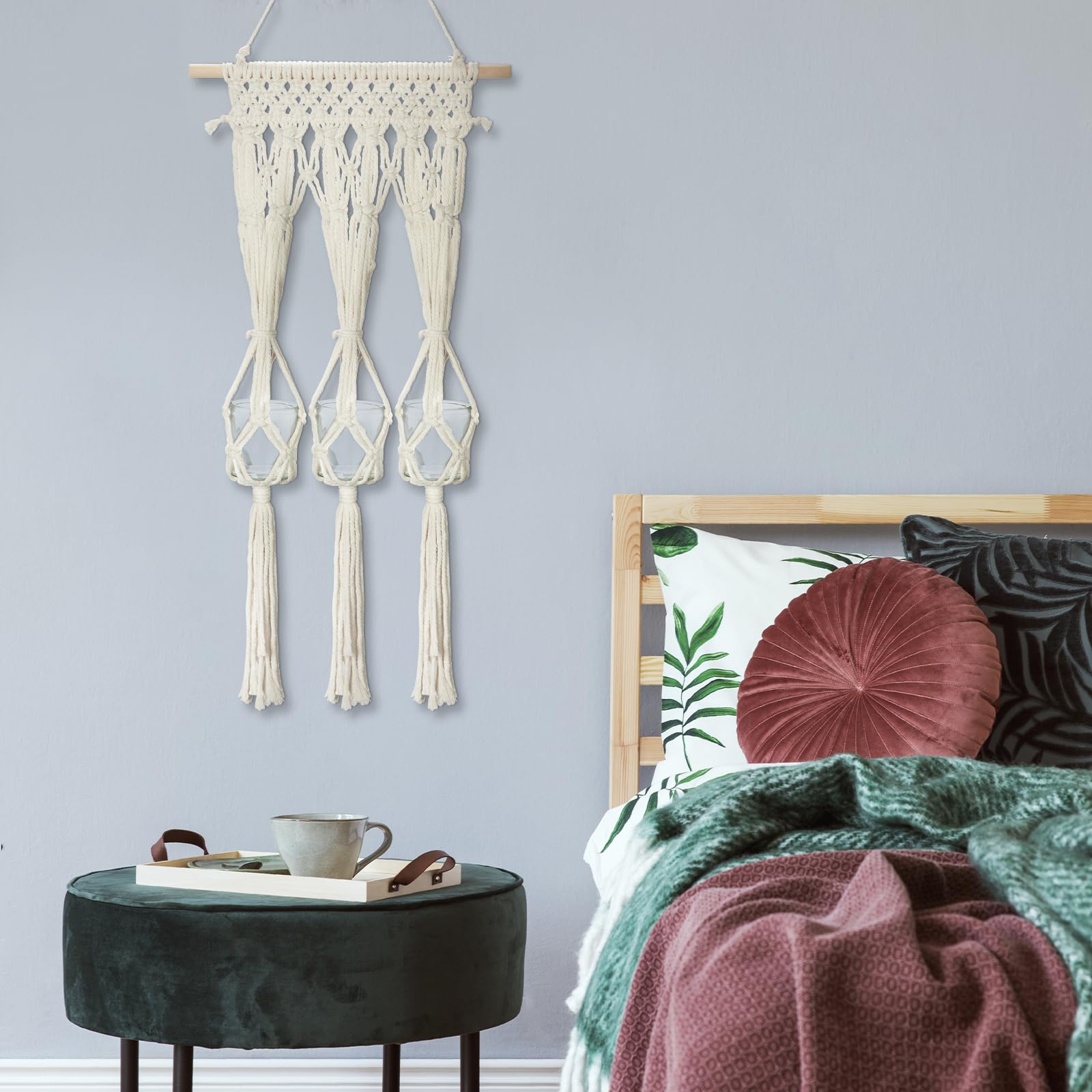 Briful Macrame Wall Hanging Shelf Cream-White with 3 Glass Vases Boho Decor