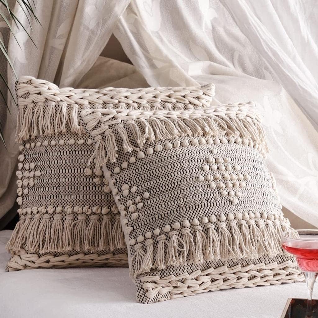 Textured Woven Cushion Cover with Fringes | Boho Cushion Cover | 40x40cm | Cotton Cushion Cover-0