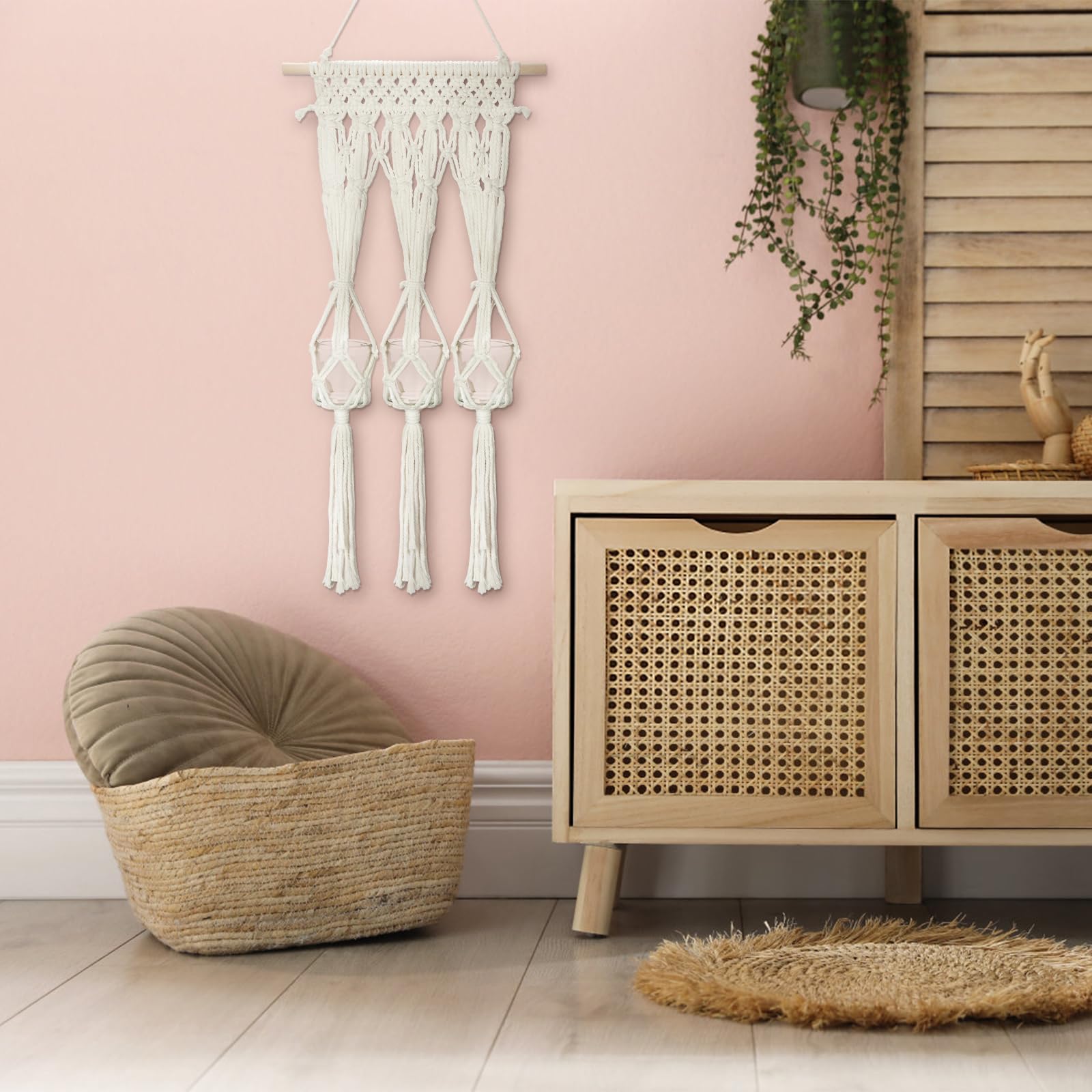 Briful Macrame Wall Hanging Shelf Cream-White with 3 Glass Vases Boho Decor