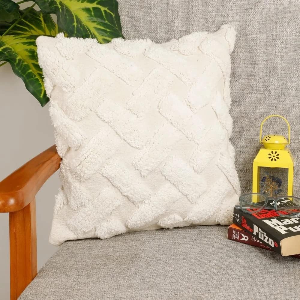 Handmade White Tufted Cotton Cushion Cover 16x16 inches (40x40 cm) - UK Organic Habitat-0