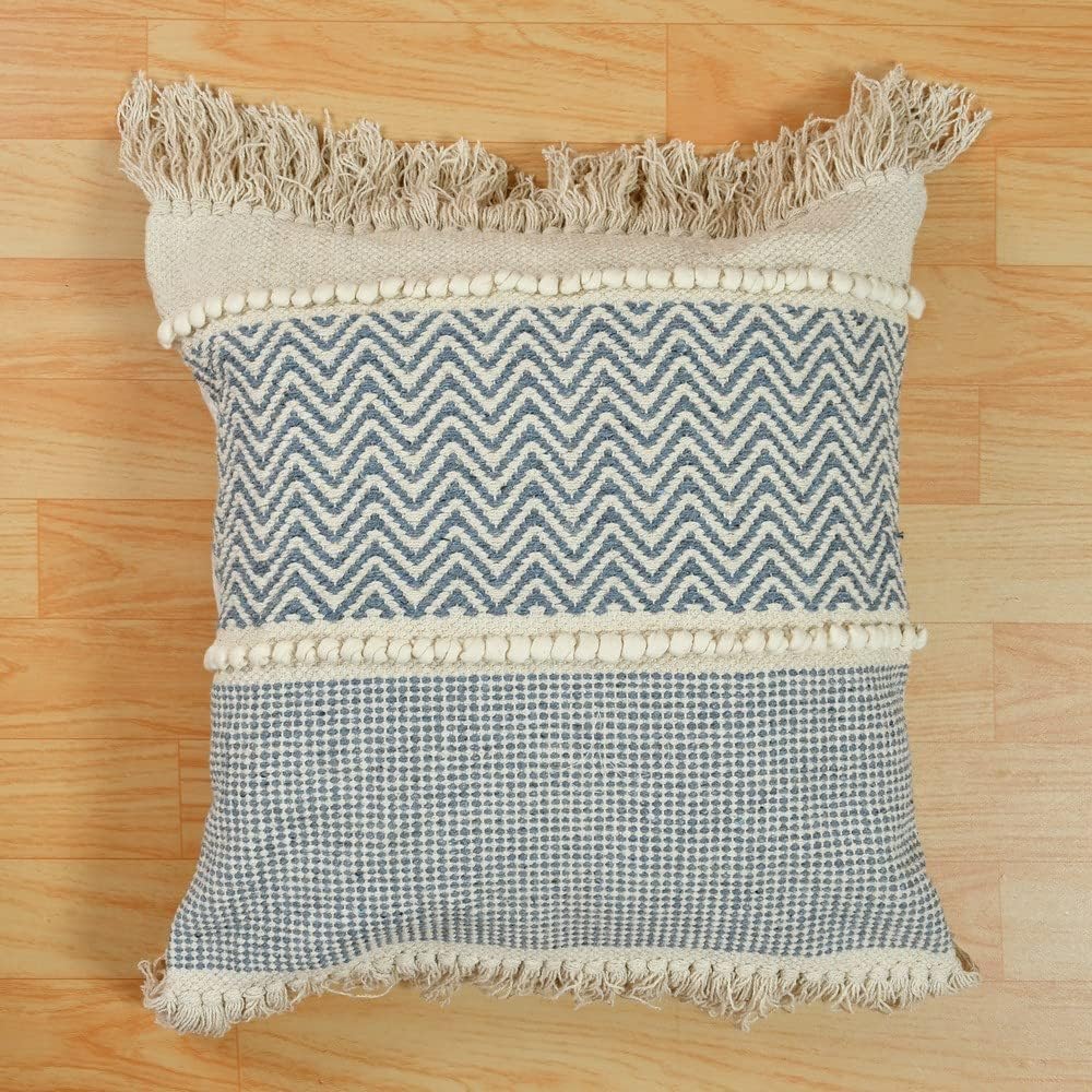Bohemian Handmade Cotton Cushion Cover 40x40cm - Grey & Beige Zigzag Pattern, Fringe & Tassels-1