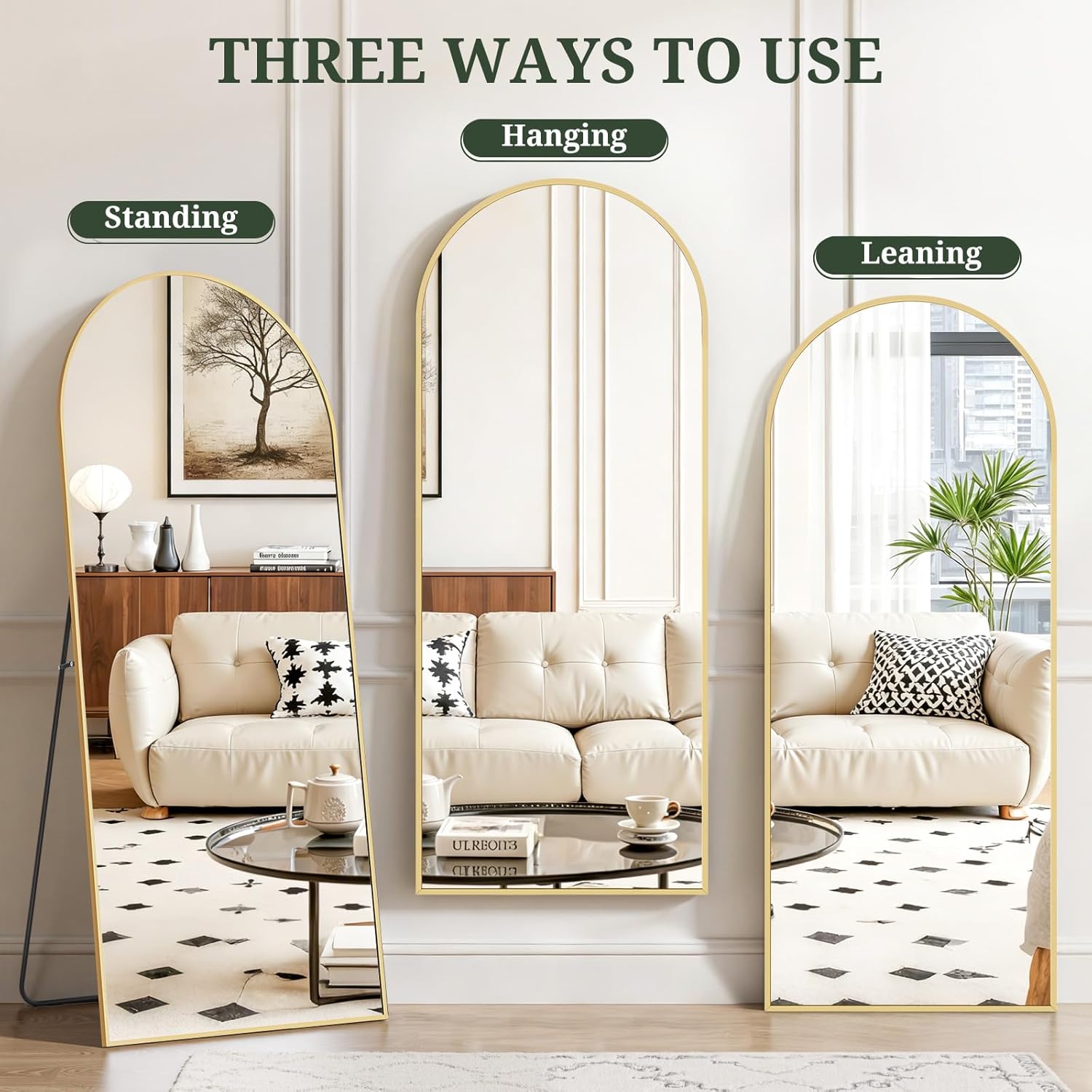 Mirror Full Length 64"X21" Full Body Floor Mirror with Stand, Shatterproof Glass, Aluminum Alloy Frame, Free Standing Wall Mounted or Leaning Arched Mirrors for Bedroom Living Room Entryway