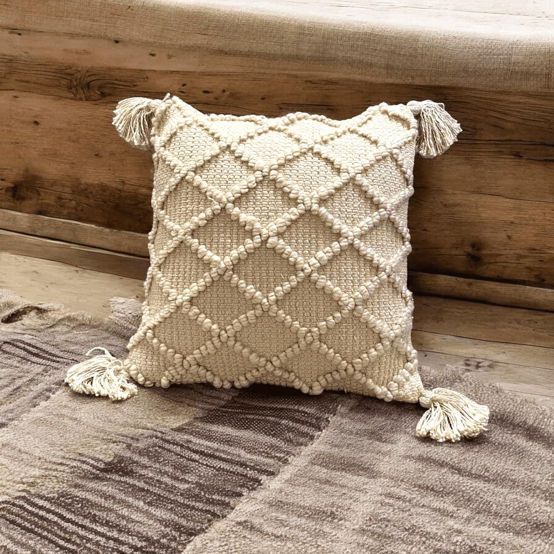 Off-White Tufted Boho Cushion Cover | 45x45cm Cotton Slub | Tassels | Machine Washable-0