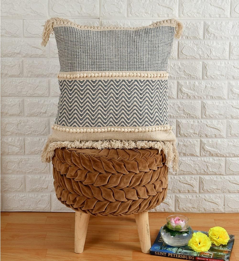 Bohemian Handmade Cotton Cushion Cover 40x40cm - Grey & Beige Zigzag Pattern, Fringe & Tassels-0