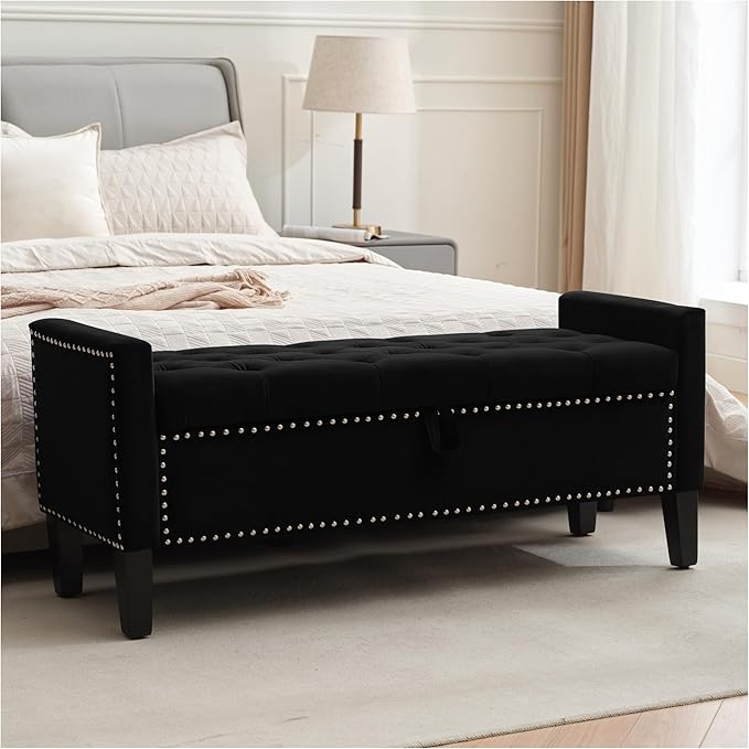 Storage Ottoman Bench, Velvet Upholstered Footstool for Bedroom and Living Room, Tufted Seat with Storage, Wooden Legs & Metal Rivets, Black