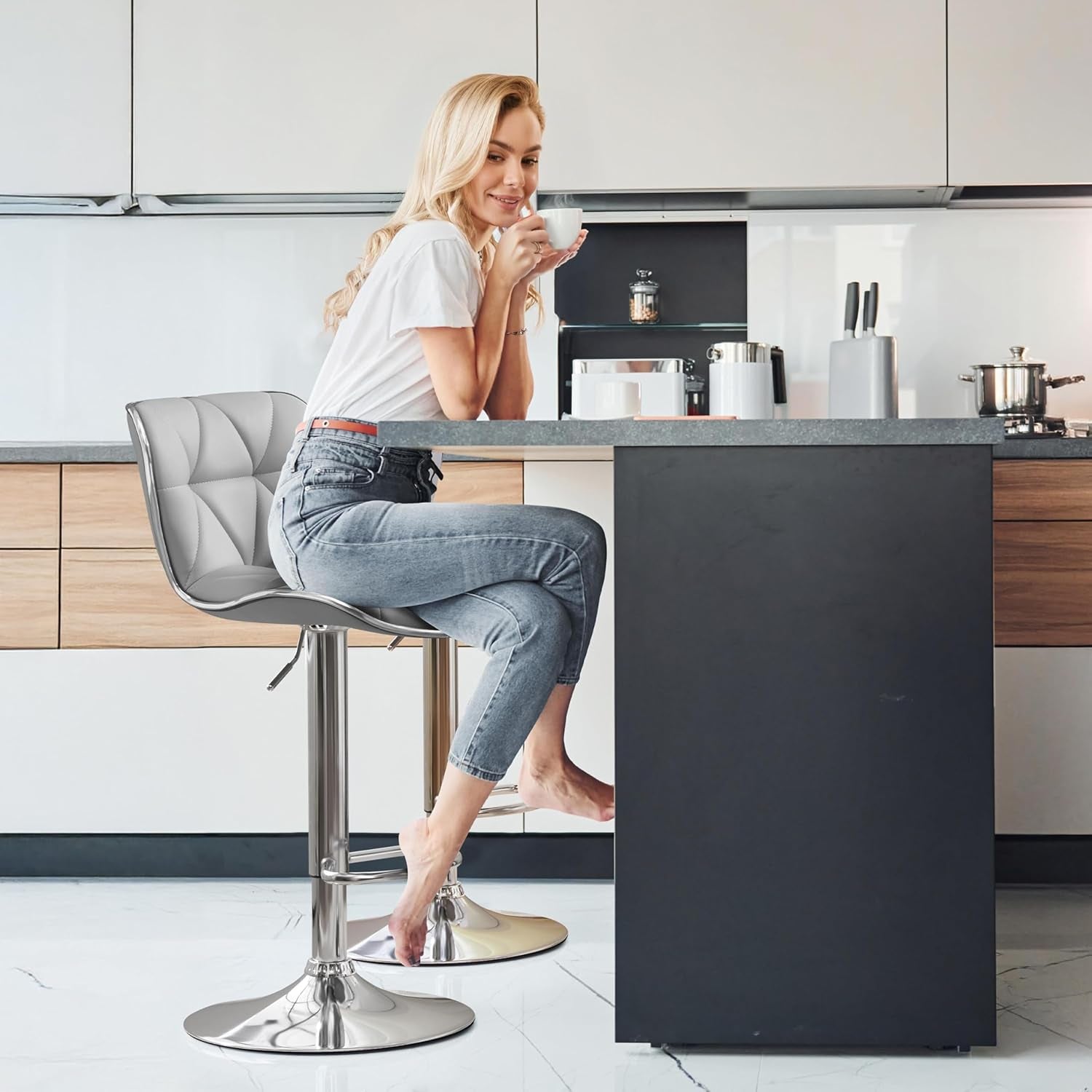 Bar Stools Set Of 2 Adjustable Swivel PU Leather Light Grey