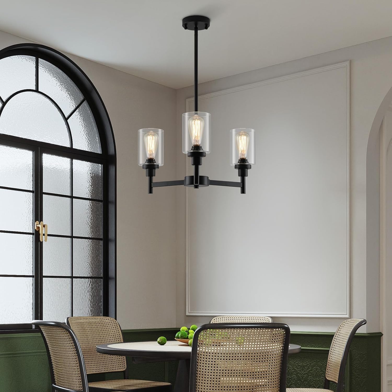 Three Light Black Glass Chandelier For Dining Room And Entryway With Glass Shade