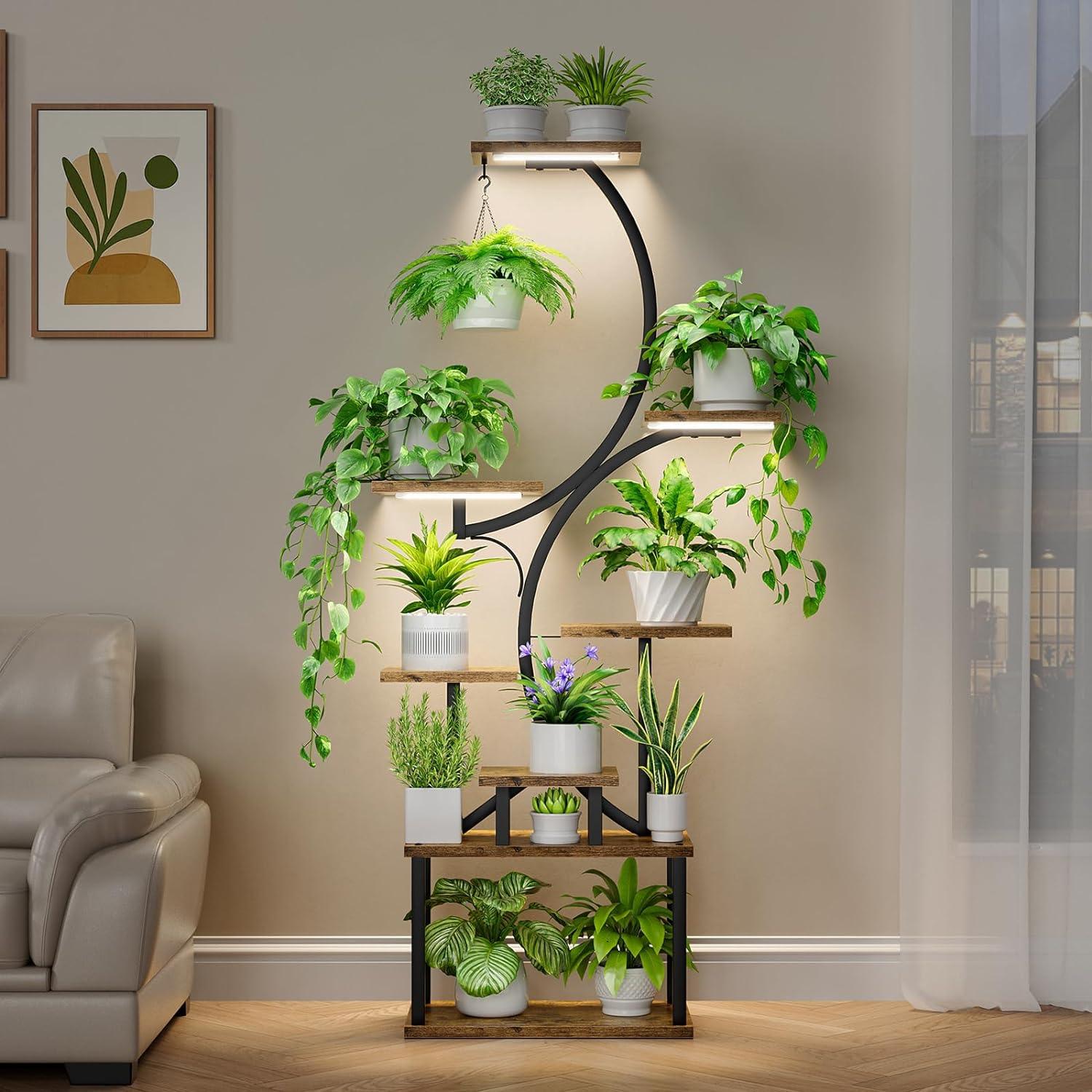8 Tiered 62" Plant Stand Indoor with Grow Lights, S-Shaped Plant Rack for Home,Patio - PRHOMZ