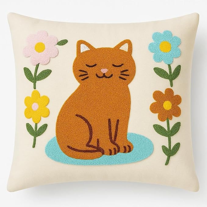 katre home madame & textile Cat Throw Pillow Cover – 100% Cotton Embroidered Decorative Cushion Case 18x18 – Handmade Punch Needle Pillow for Sofa, Bed, Couch or Gift for Cat Lovers