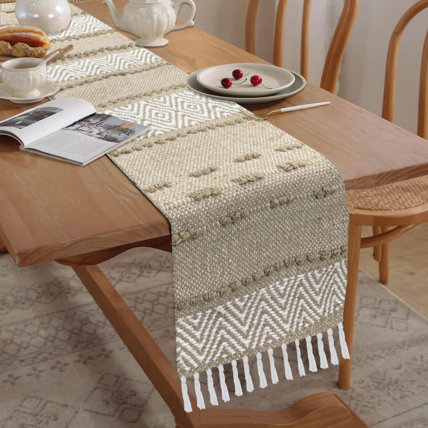 Boho Chevron Table Runner | Cream & Brown Cotton Woven Runner | 13x74" (33x188cm)-0