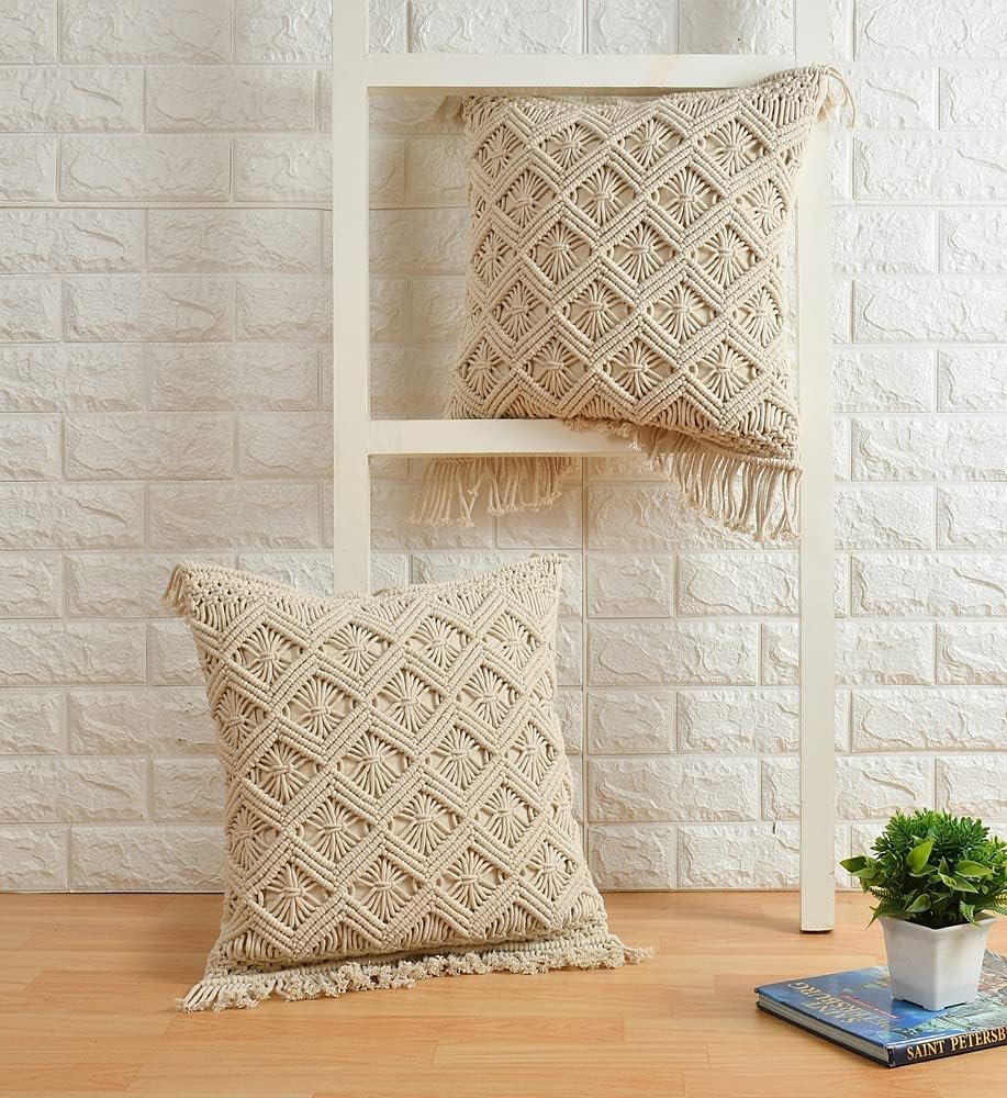 Handwoven Macrame Cushion Cover | 18"x18" (45x45cm) | Natural Cotton | Boho Style-0