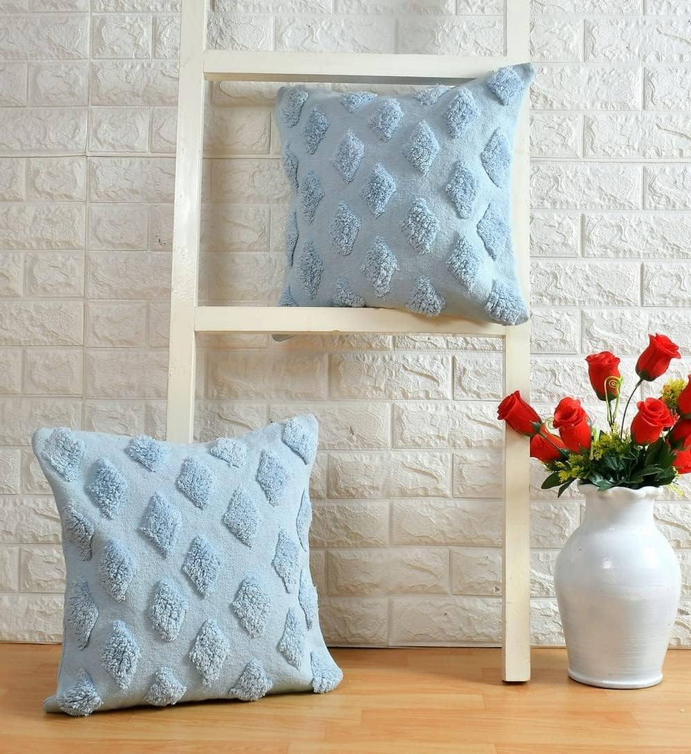 Textured Cushion Cover with Diamond Pattern | 40x40cm | Blue | Tufted Cotton | Handmade-0
