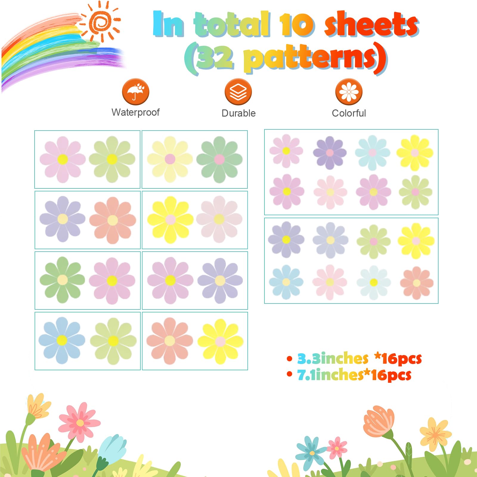 Rapid Decor 32 Pcs Danish Pastel Waterproof Removable Flower Wall Decals