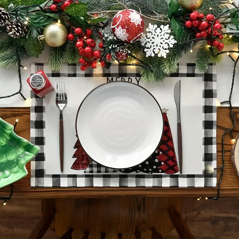 Set of 4 Buffalo Plaid Christmas Trees Placemats - Festive Winter Table Mats-3