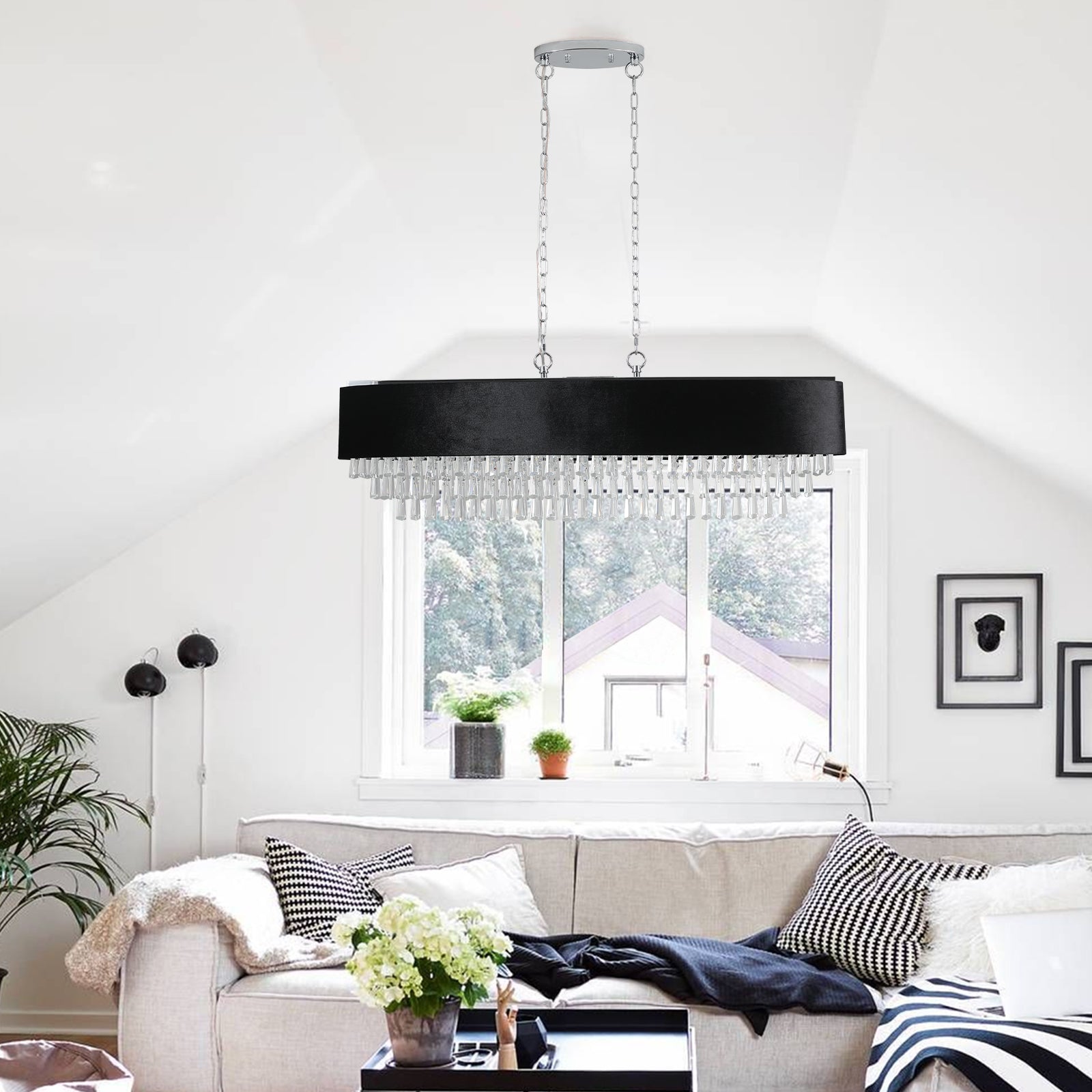 39' Modern Crystal Chandelier with Black Imitation Velvet Shade