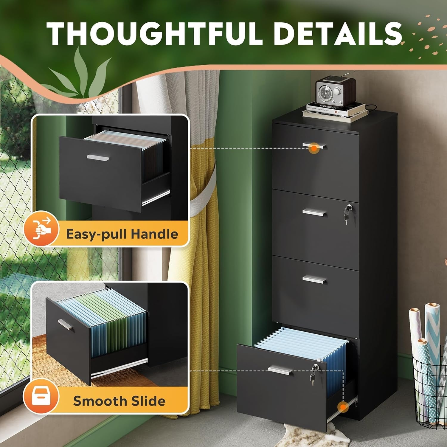 4 Drawer Locking File Cabinet For A4 And Letter Files Black Wood