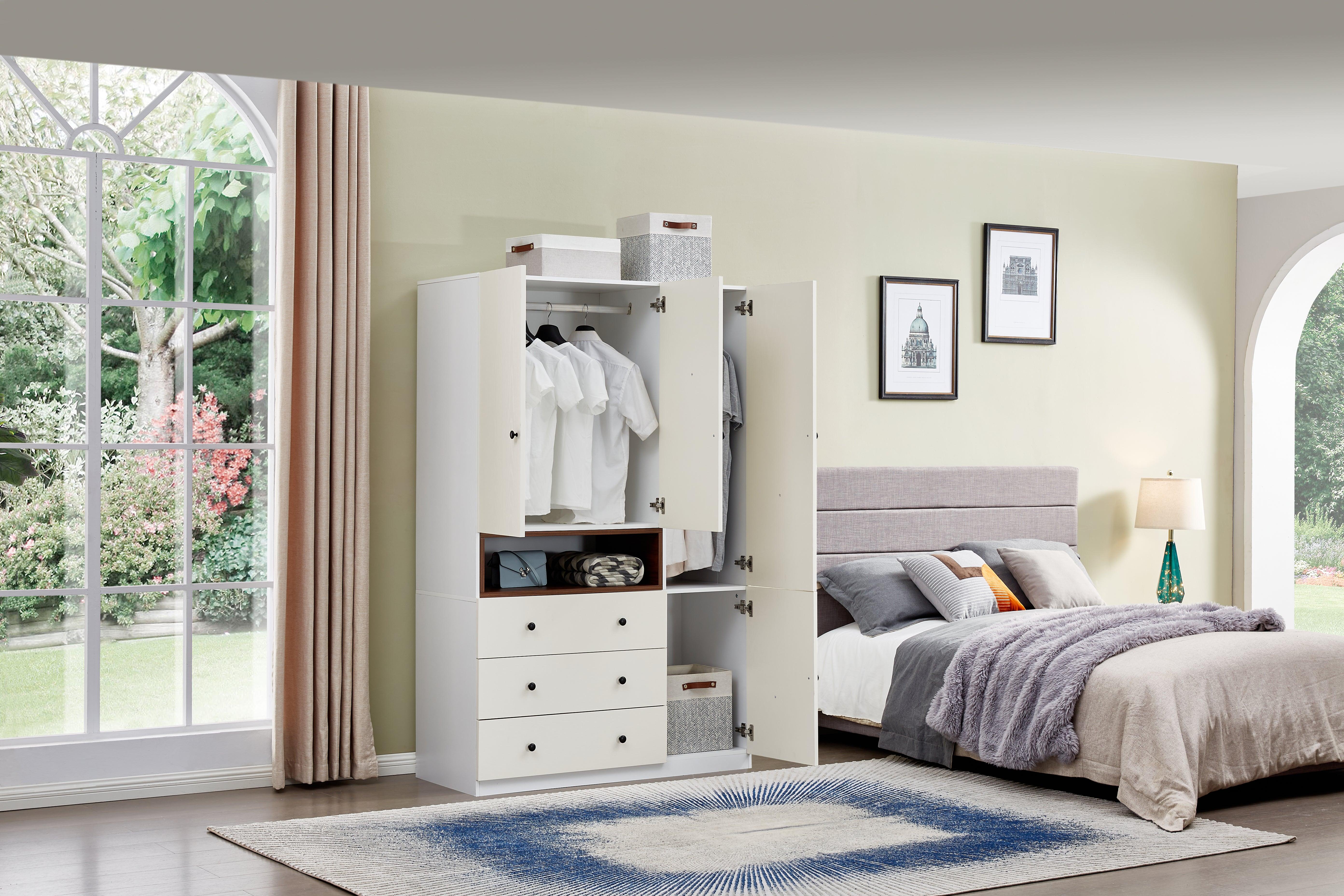 74'' H 3-Door White Wood Wardrobe Closet | Freestanding Armoire with Hanging Rod & Large Storage for Bedroom & Bathroom - PRHOMZ