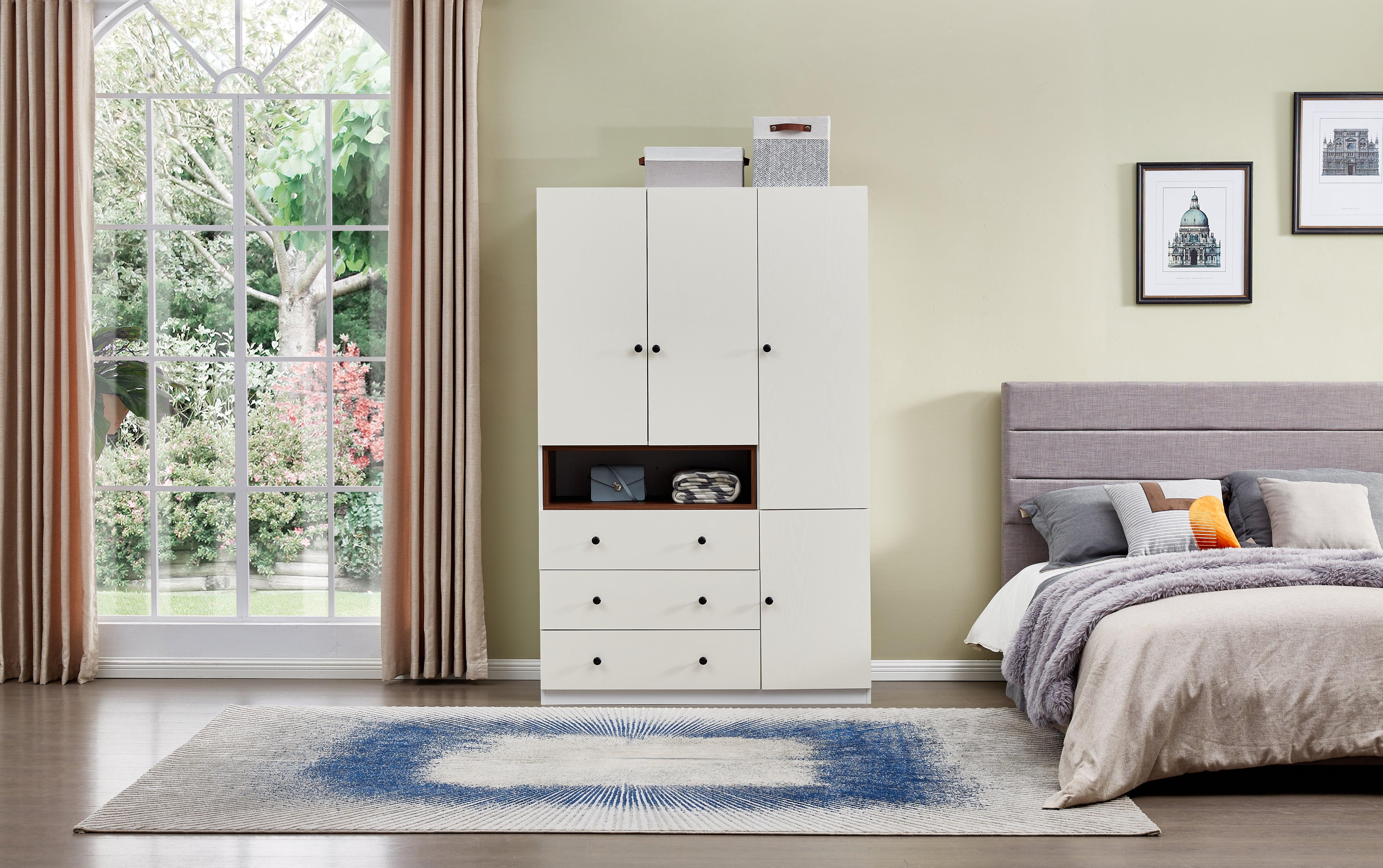 74'' H 3-Door White Wood Wardrobe Closet | Freestanding Armoire with Hanging Rod & Large Storage for Bedroom & Bathroom - PRHOMZ