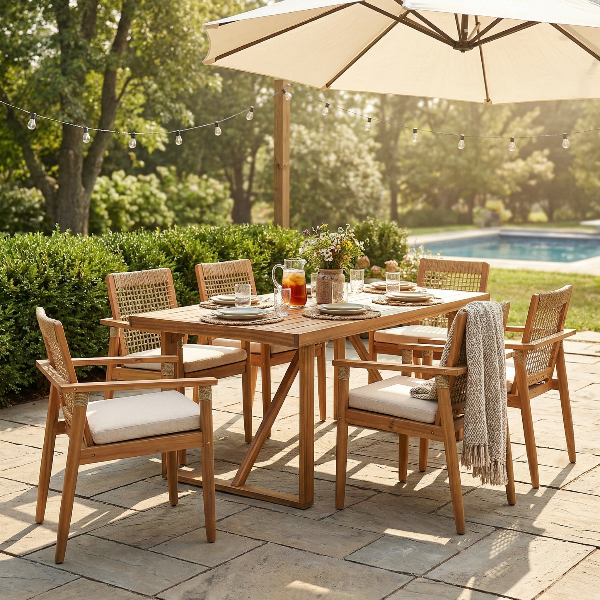 7 Pieces Acacia Wood Outdoor Dining Set with Cushions