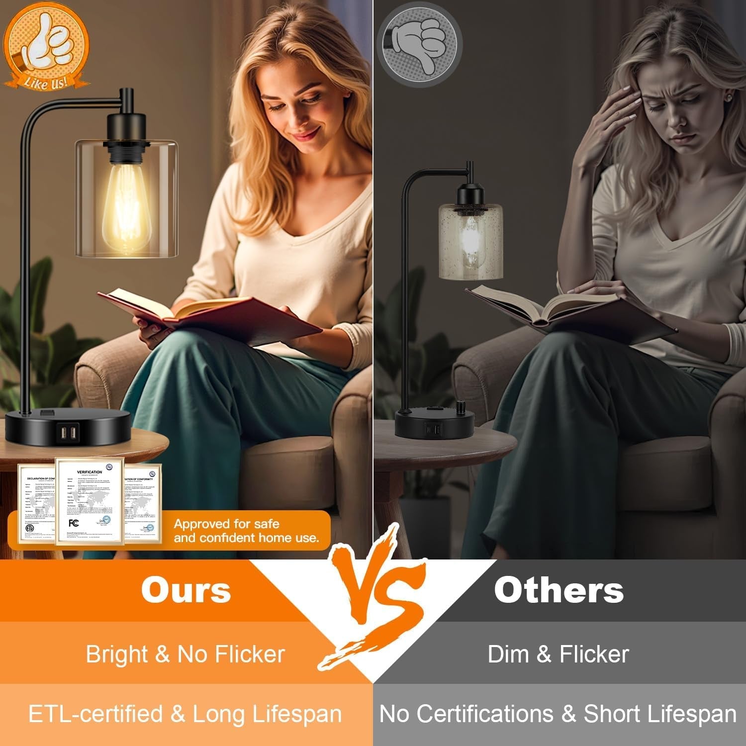 Black Industrial Touch Control Table Lamps With USB Ports