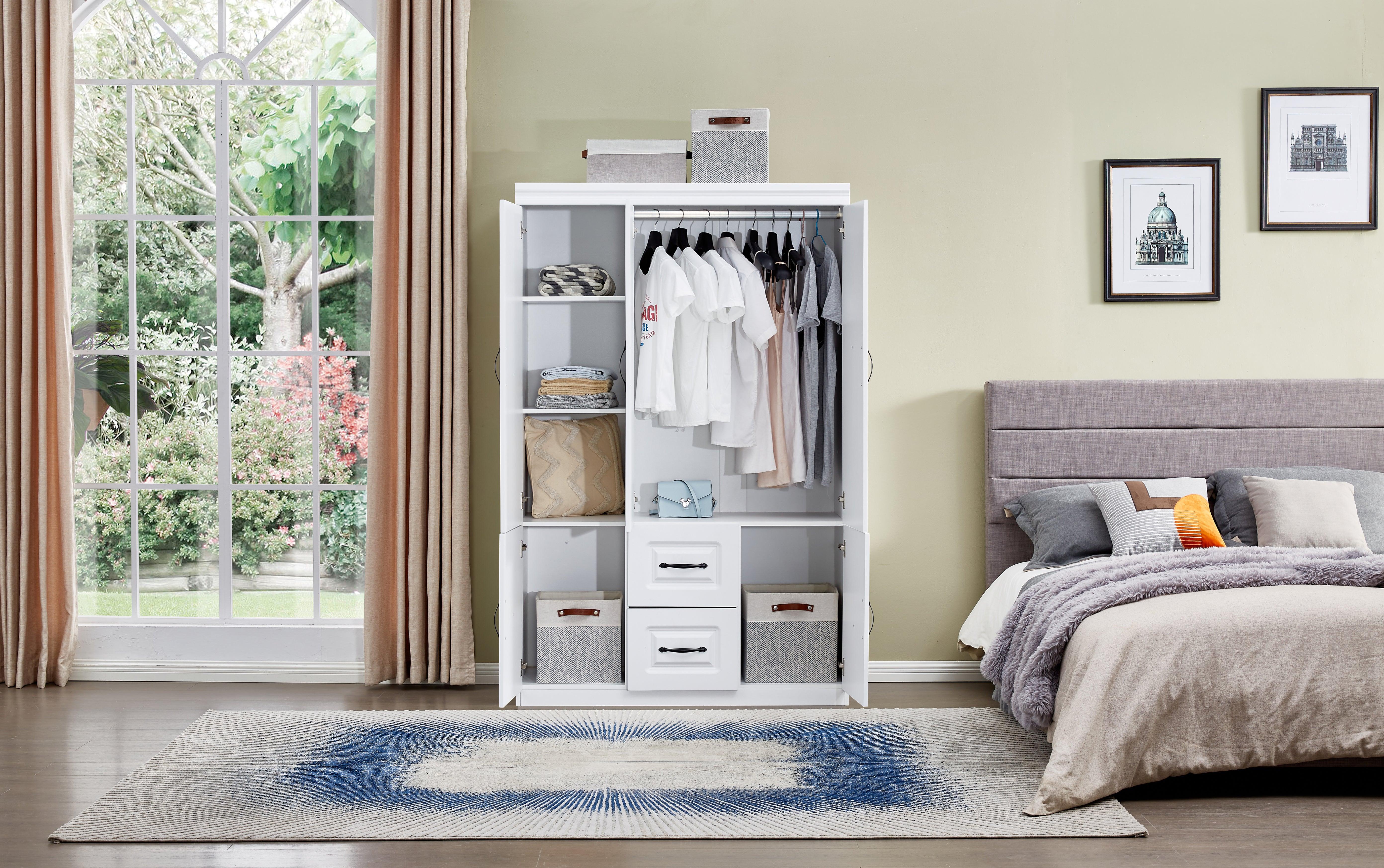 74'' White Armoire Wardrobe Closet with 3 Doors, Shelves, Hanging Rod & Drawers - Wood Storage Cabinet for Bedroom - PRHOMZ