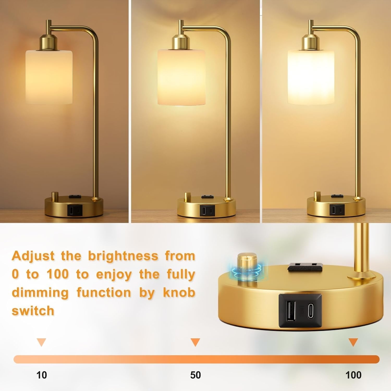 Industrial Table Lamps With USB Ports Dimmable Gold Shade