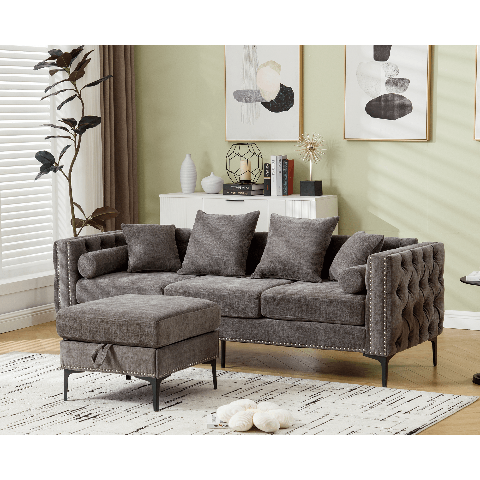 L Shaped Sectional Convertible Sofa with Storage Ottoman and Modern Tufted style - PRHOMZ