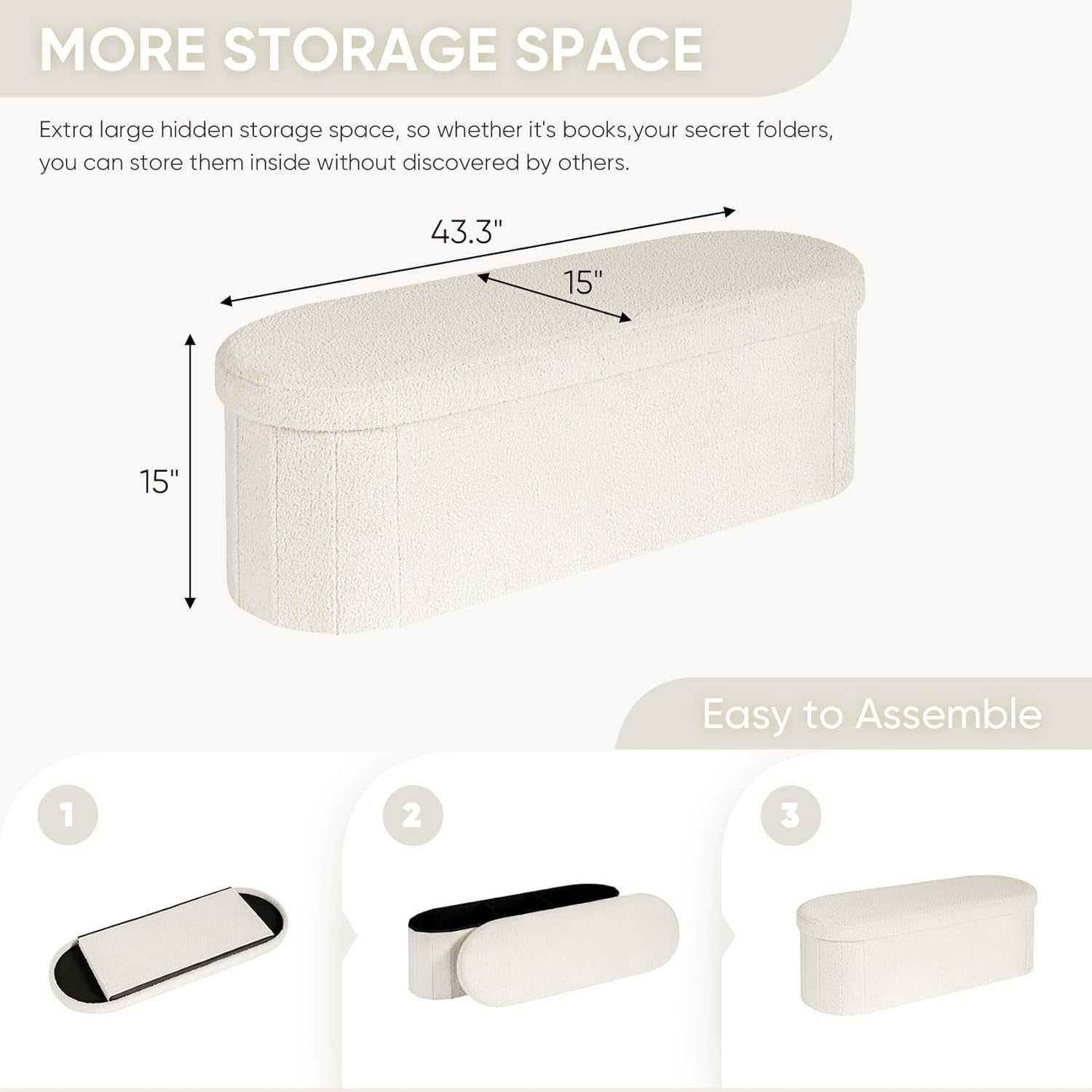 Sherpa Lined Folding Storage Ottoman 43.3 Inch White