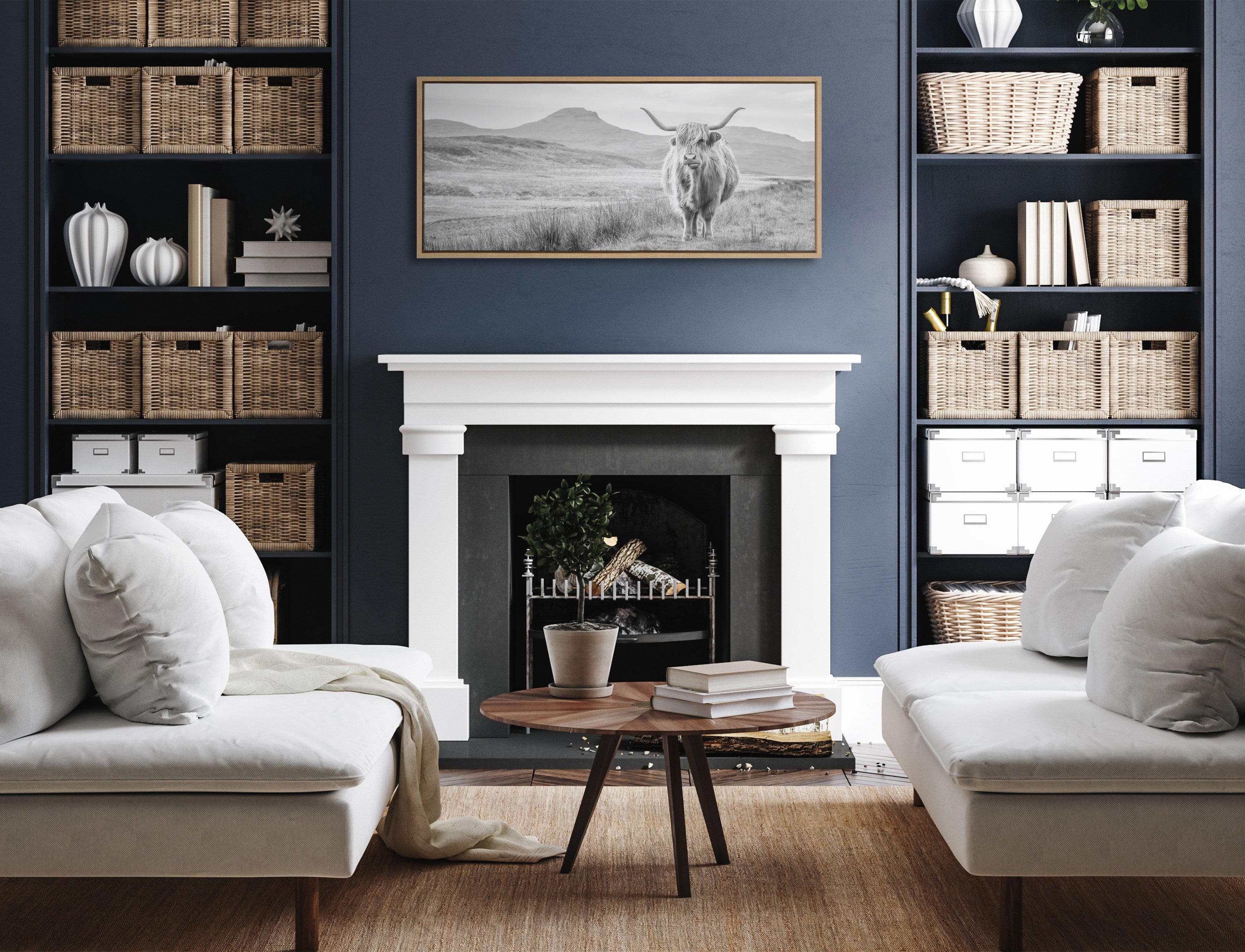 Sylvie Highland Cow Mountain Landscape Black and White Framed Canvas by The Creative Bunch Studio