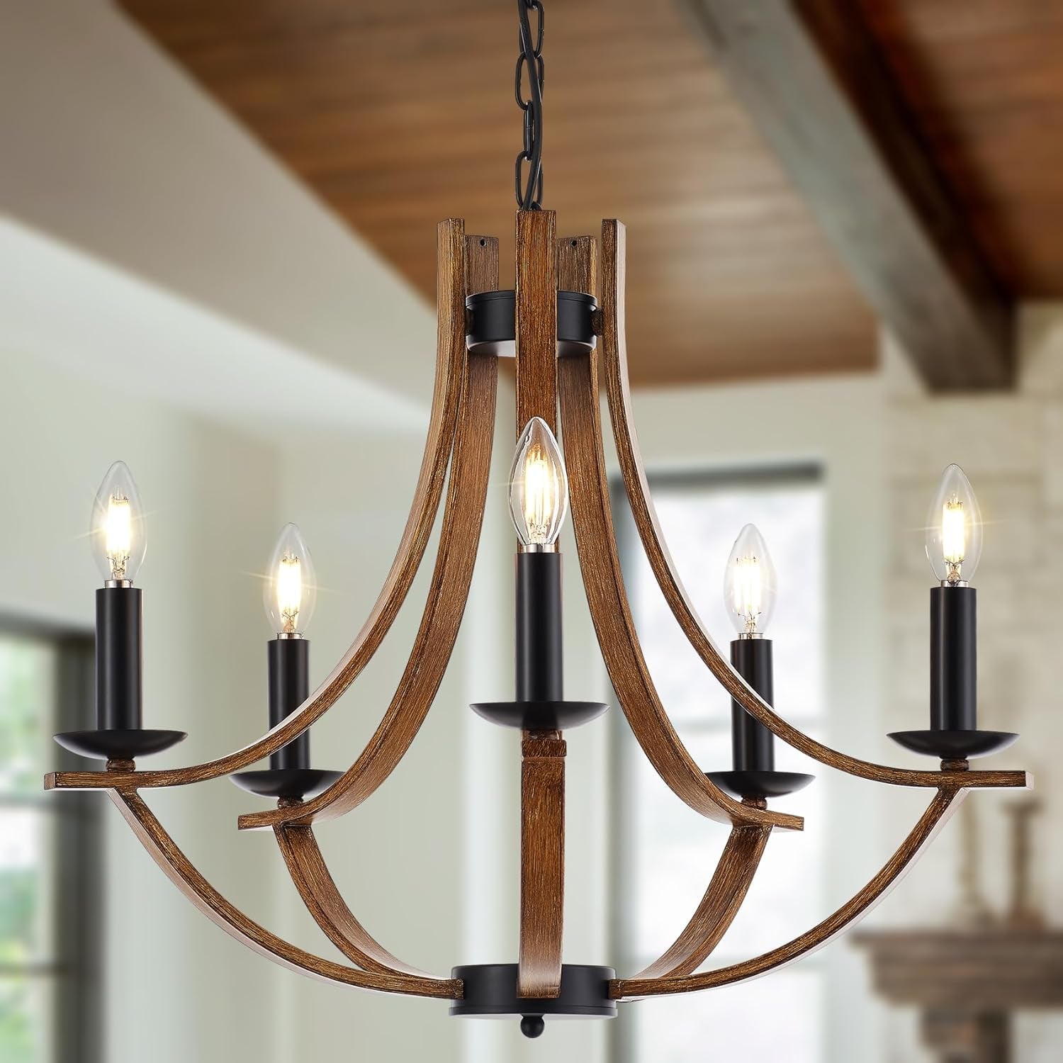 22 Inch Farmhouse Wooden Chandelier 5 Lights Black Finish-0