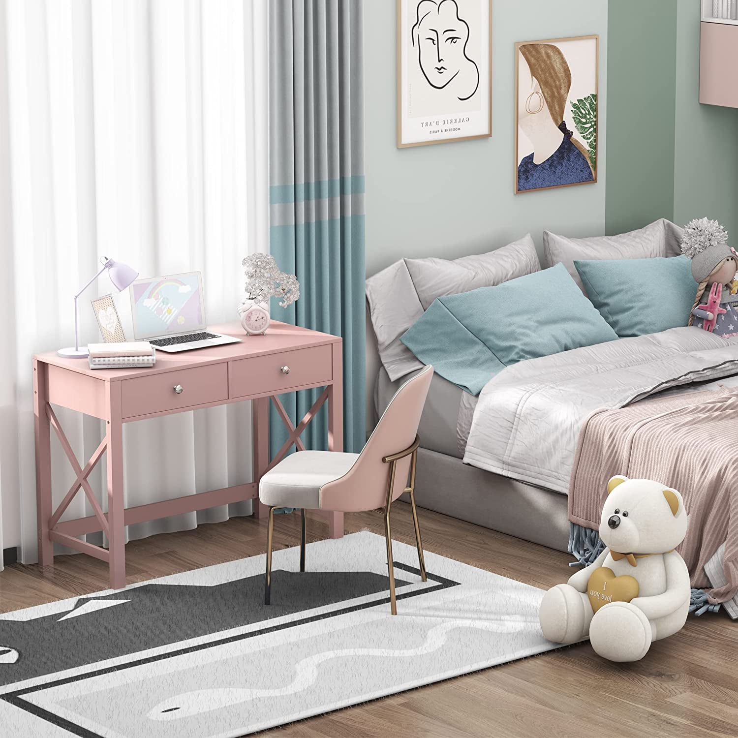 Pink Modern Vanity Desk With Drawers For Home Office