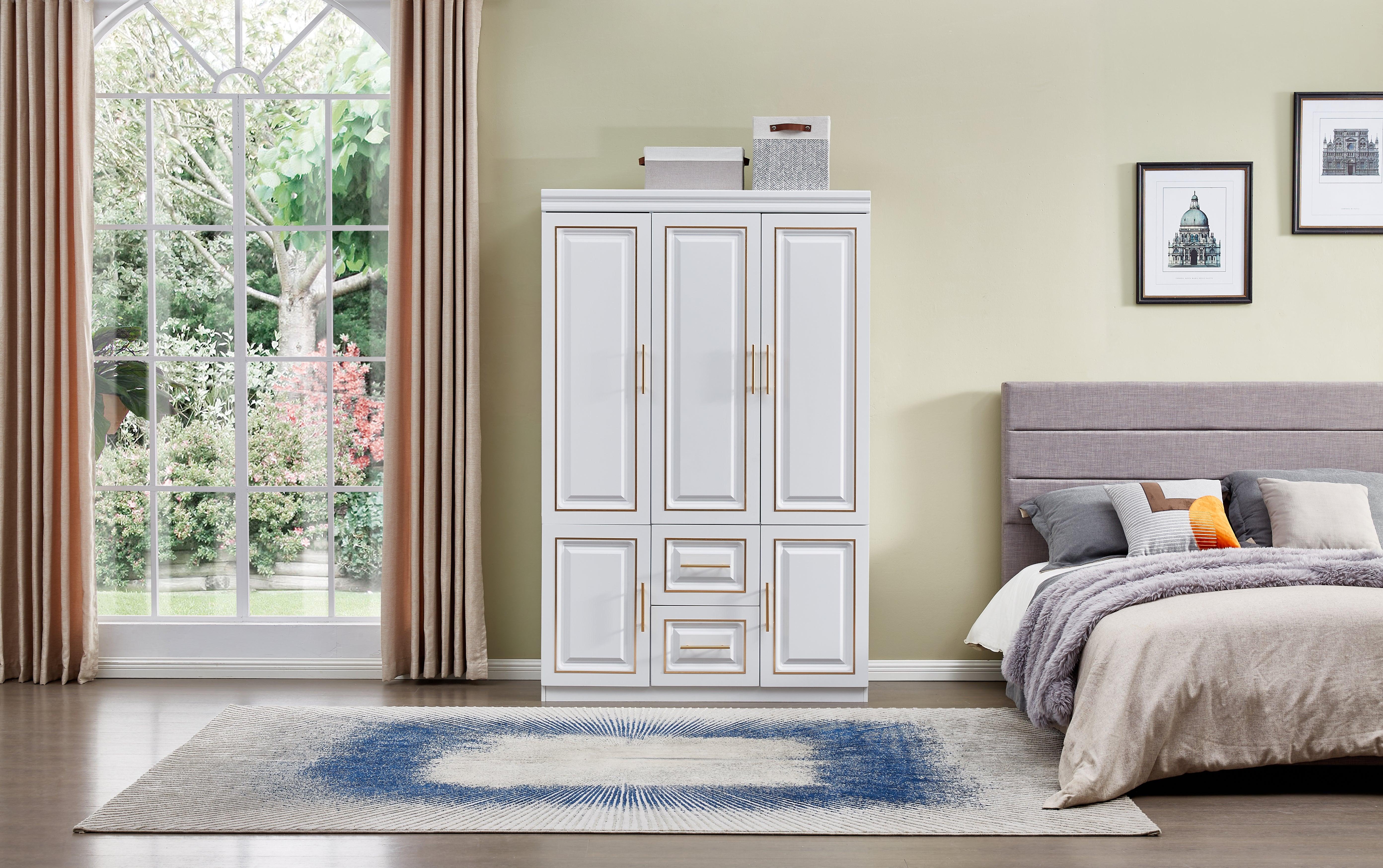 74” Tall White 3-Door Wardrobe Closet with Drawers by LivelyLodge | Freestanding Bedroom Armoire & Clothes Storage Cabinet with Hanging Rod and Shelves - PRHOMZ