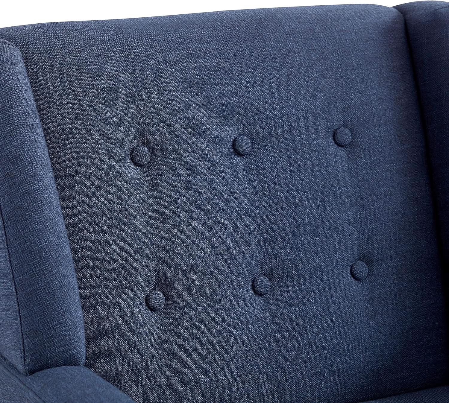 Dark Blue Linen Upholstered Tufted Midcentury Armchair