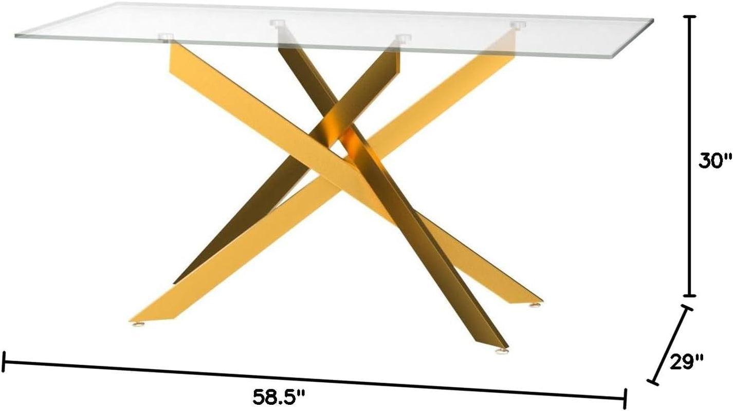 Rectangular Tempered Glass Dining Table Gold Finish
