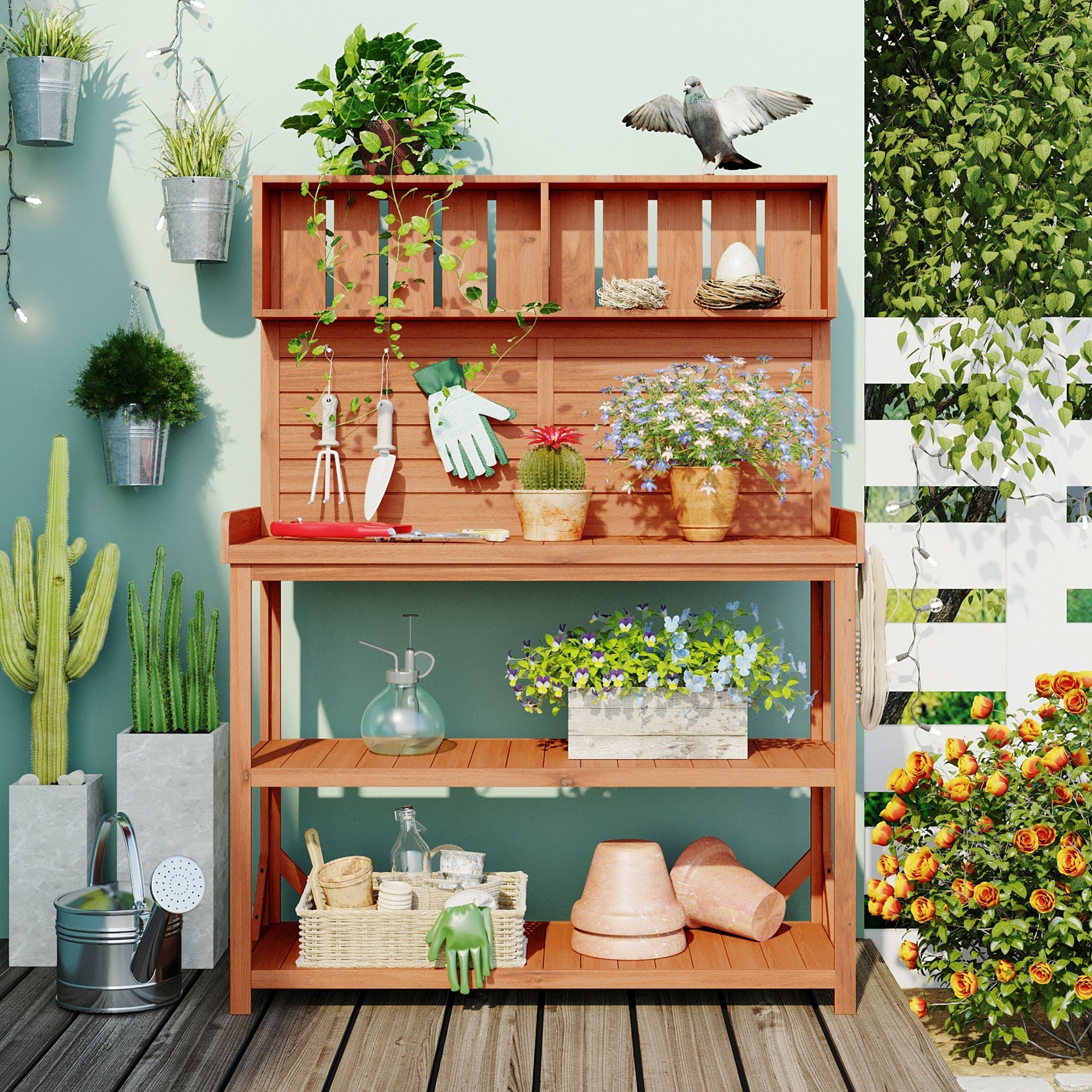 TOPMAX 65' Large Wooden Farmhouse Rustic Outdoor Potting Bench Table