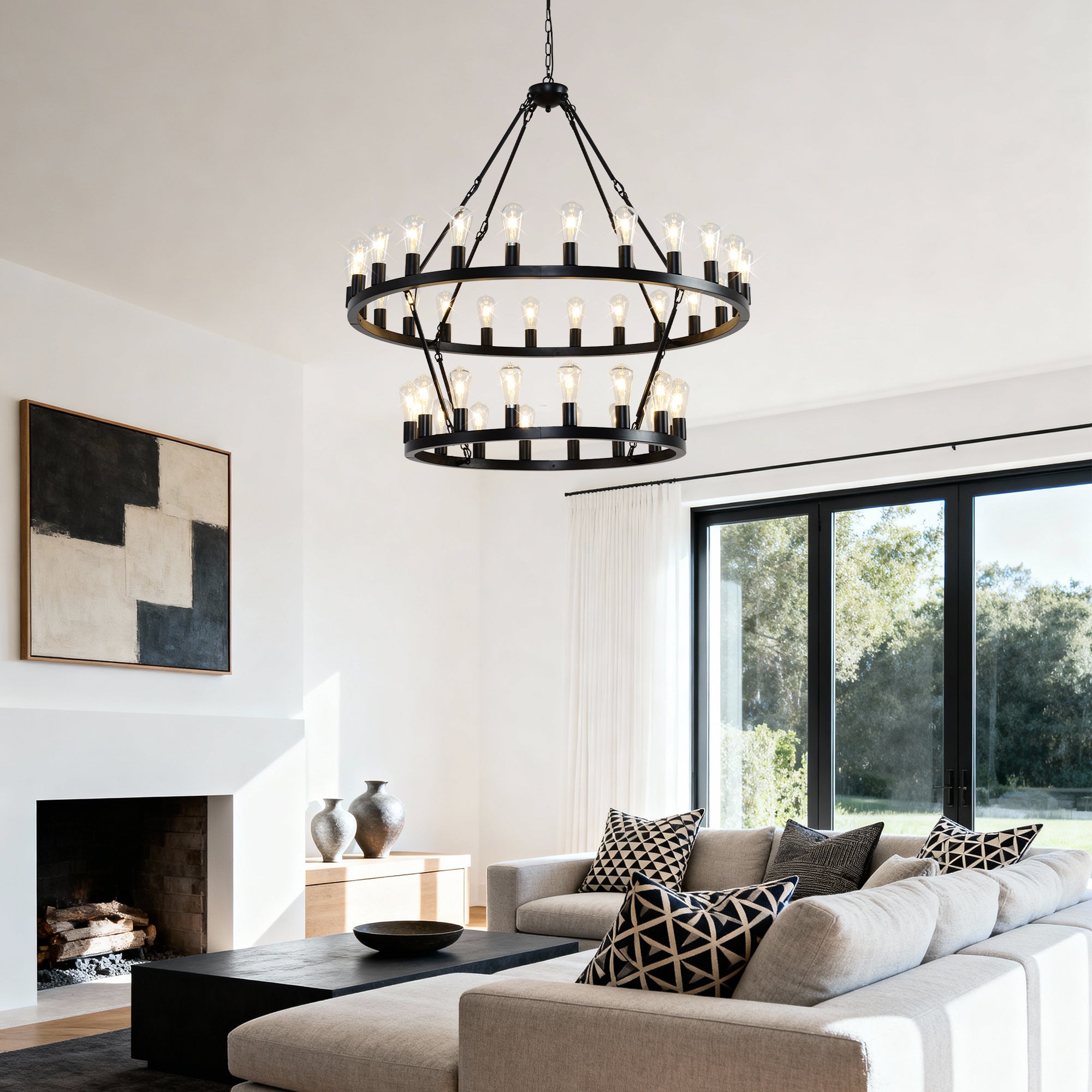 47.24 Inch Matte Black Wagon Wheel Chandelier with 36 Lights