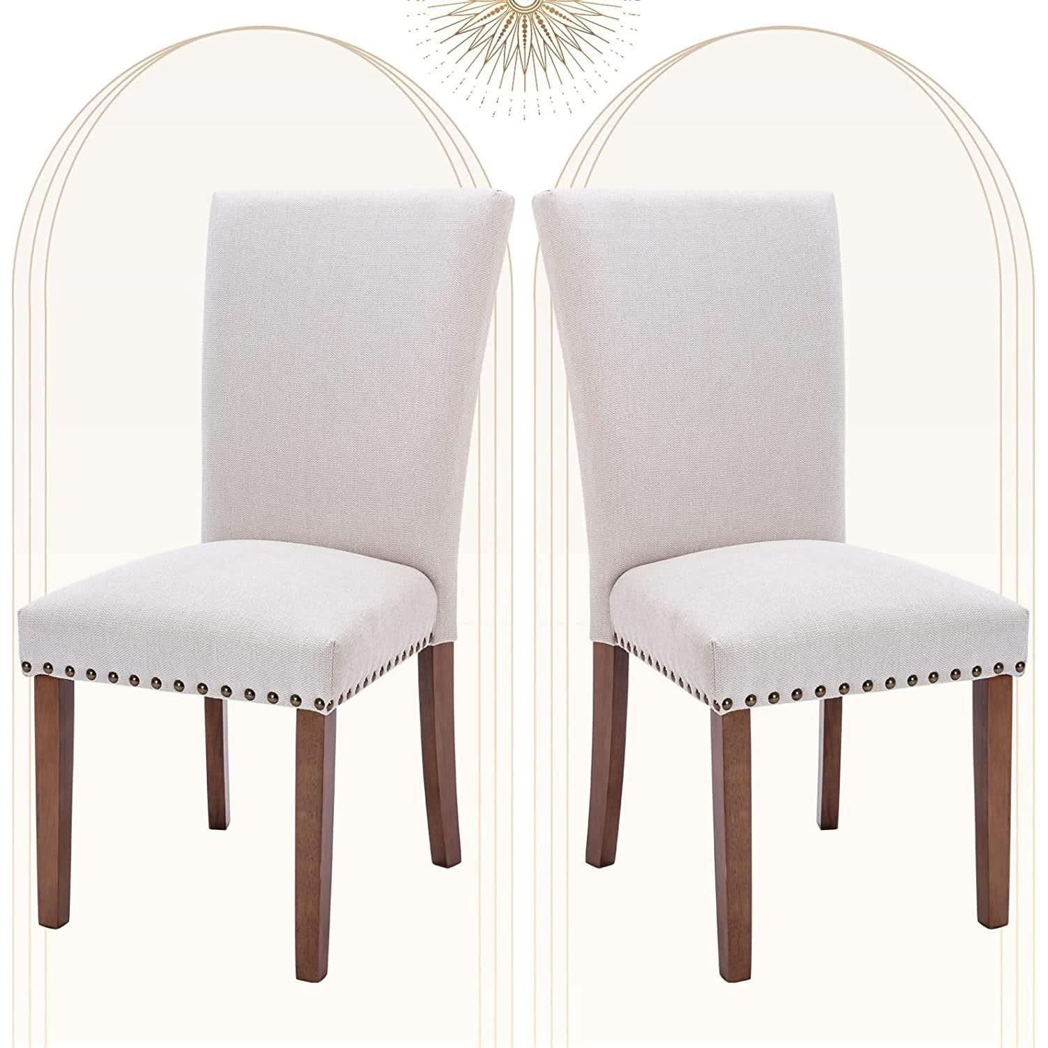 Beige Upholstered Parsons Chair With Nailhead Trim