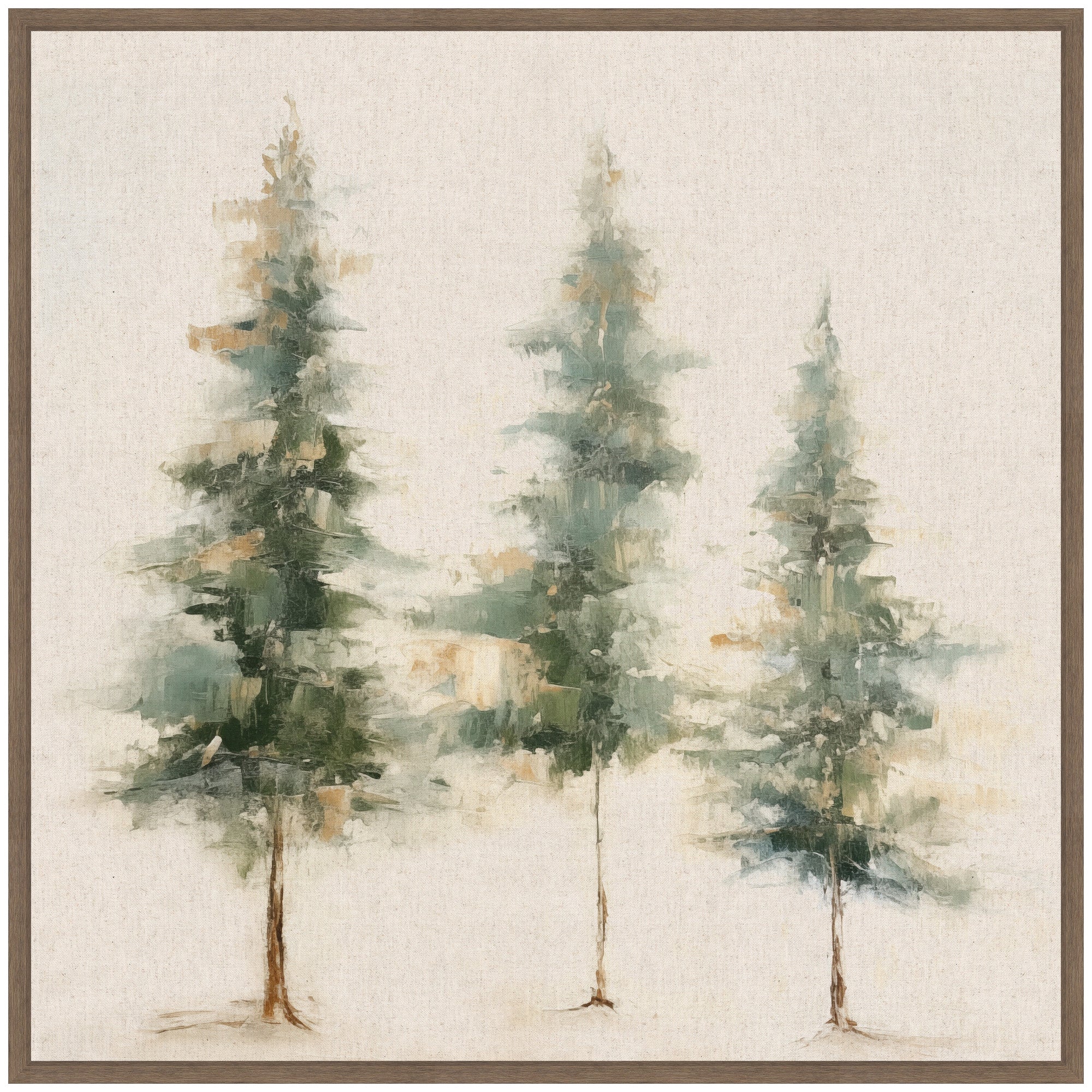 Sylvie Abstract Forest Evergreen Trees on Neutral Linen Framed Canvas by The Creative Bunch Studio