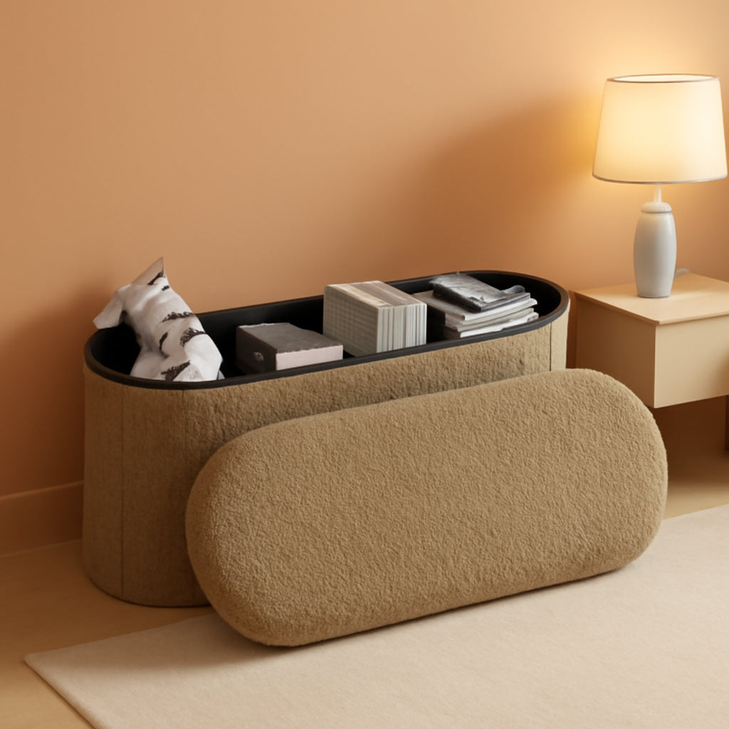 Brown 43 Inch Folding Storage Ottoman Sherpa Fabric