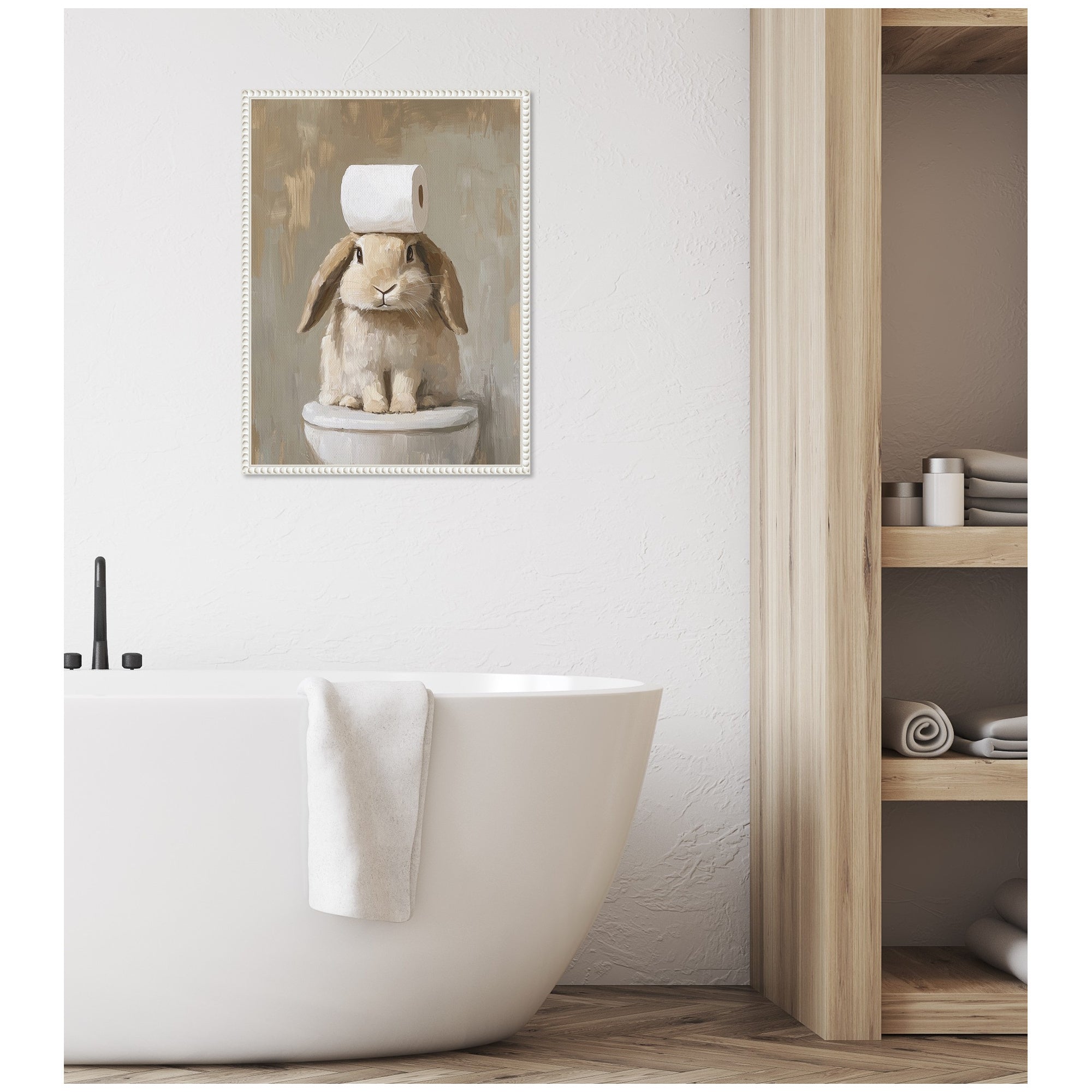 Sylvie Toilet Paper Roll on Cute Bunny Head Bathroom Art Framed Canvas by The Creative Bunch Studio