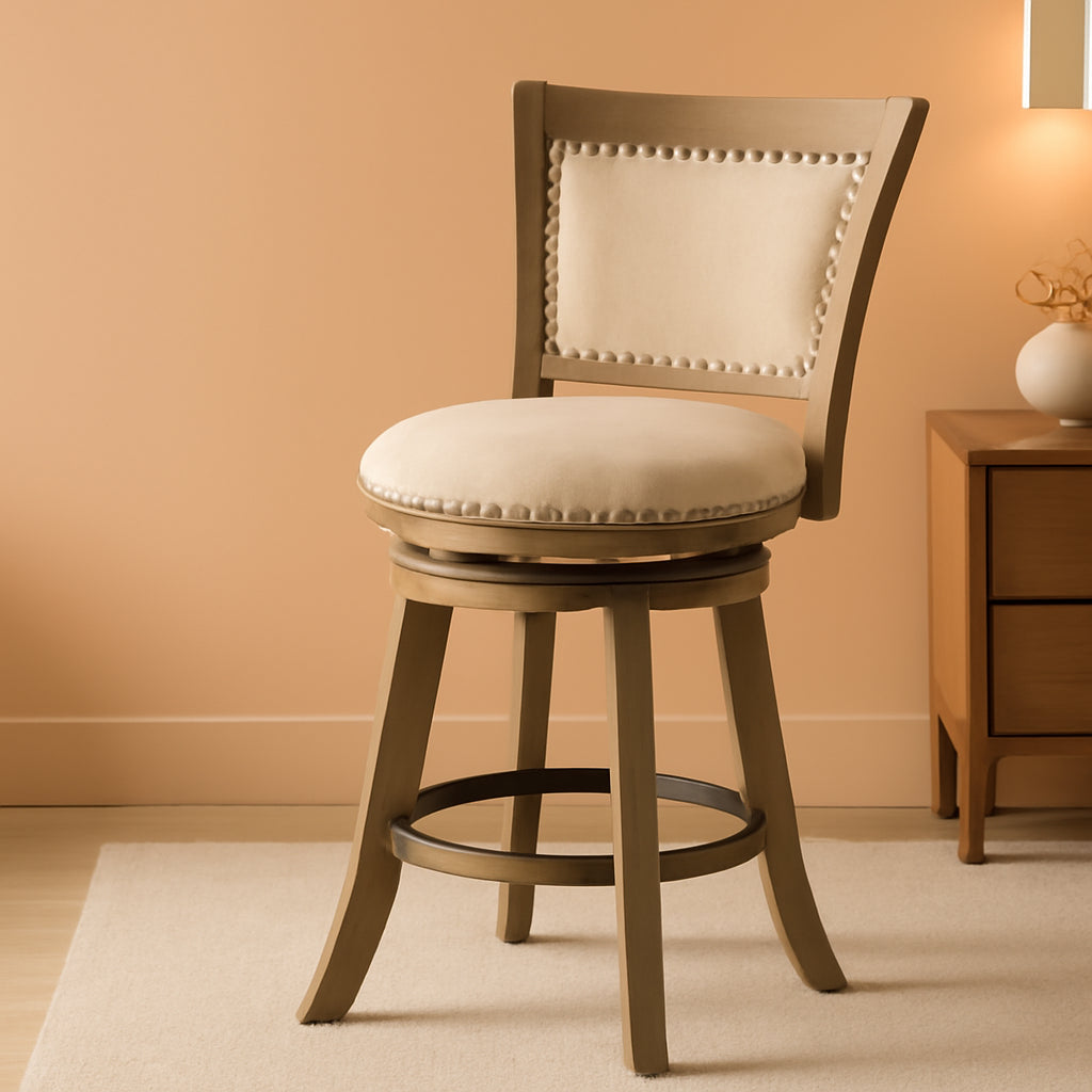 Driftwood Barstool With Swivel Seat And Linen Upholstery